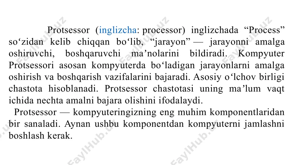 raganda ancha tez bajaradi. ijrolar uchun har bir yado uchun kamida 1mb sarf qiladi 3-pog’ona. protsessorning eng sust ishlaydigan keshi, ammo ozu ga qaraganda ancha tez ishlaydi. ushbu kesh xotira katta hajmlarda uchraydi: 6-12 мб — optimal varianti. kesh xotiraning ushbu pog’onasi ko’pyadroli protsessorlarda effektli ishlayapdi ( 3-yadroli va undan yuqori). hozirgi kunda faqat 2 tipdagi razryadlar mavjud bo‘lib, bular x32 va x64 dir. x86 esa x32 ning sinonimi hisoblanadi(qayerdadir x86 razryad bilan uchrashib qolsangiz, bilinki bu x32 dir). agar bitta o‘rnatiladigan diskda ham 32 ham 64 razryadli operatsion tizimlar mavjud bo‘lsa, o‘rnatish jarayonida sizga tanlashga imkon beradi. odatiy o‘rnatilish(по умолчание) x32 o‘rnatiladi. bu razryadlarni qaysi biri o‘rnatilganini qayerdan bilish mumkin? demak мой компьютер ga sichqonchani o‘ng tomoni bosilib, свойство bandiga kiriladi va ekranda quyidagi oyna paydo bo‘ladi(rasmda windows 7 uchun ko‘rsatilgan, xp va boshqa distributivlarda salgina farq qilish mumkin ). faqat operatsion tizim emas, balki dasturlar, drayverlar ham razryadlarga …