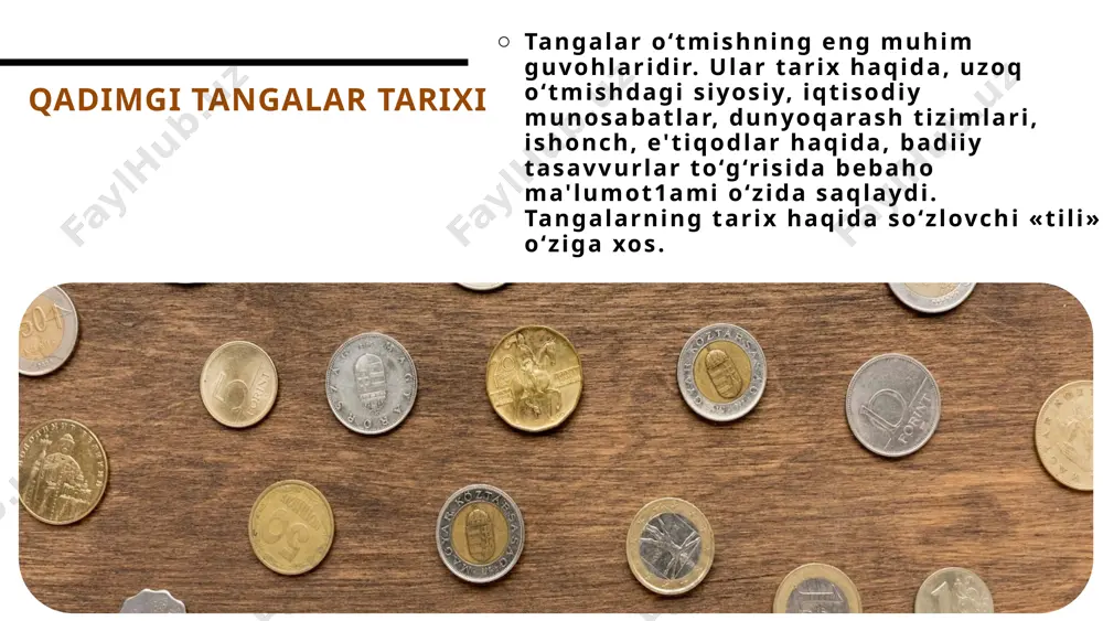 noatlantirmas- ligi ayon bo‘la boradi. chunki, har bir vaziyatda almashuv uchun kerak mahsulot ishonch bilan topilavermaydi. natijada, tovar mahsulotning eng qadrli yoki noyob hisoblangan turi, ba'zan hatto, ramziy ma'no beruv- chi narsadan almashuvga qo‘yilayotgan har qanday tovami olish uchun ramziy yoki shartli qiymat sifatiida foydalanish odati boshlanadi. 12 qadimgi tangalar tarixi tanga (turkiy – tamg‘a so‘zidan olingan) – maxsus ramzlar tushirilgan va ma’lum og‘irlikka hamda qiymatga ega bo‘lgan metalldan yasalgan pul. yunoniston tangalari qadimgi yunon tangalari numizmatikaning eng qadimgi guruhidir. qadimgi yunon tangalarini zarb qilish davri miloddan avvalgi 8-asr oxiridan boshlab 1000 yilni tashkil etadi va eramizning iii asr o'rtalarigacha. ularni to'rtta asosiy guruhga bo'lish mumkin: arxaik davr namunalari (miloddan avvalgi viii - vi asrlar); klassik davrda zarb qilingan (miloddan avvalgi 5-4-asrlar); ellinizim davri tangalari (miloddan avvalgi iv-ii/i asrlar); rim hukmronligi davridagi tangalar (miloddan avvalgi 2/1-asr – 4-asr). 14 arxaik davr namunalari (miloddan avvalgi viii - vi asrlar); kariya (kichik …