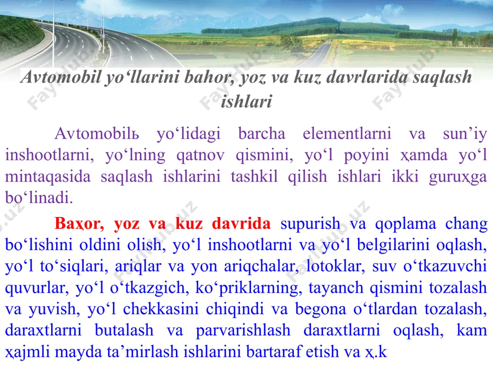 ‘lda hosil bo‘lgan o‘yiq va yoriqlarni to‘ldirish; shag‘alli, tuproqli va traktor yo‘llarini tekislash va shibbalash. o‘tuvchi va past turdagi qoplamali yo‘llarni saqlash. qoplamaning ravonligini yaxshilash va yo‘l to‘shamasi ustki yuzasi bo‘yicha mineral materialni bir tekis taqsimlash maqsadida qoplamani qiyalab tekislash amalga oshiriladi, ba’zi chuqurlar, g‘ildirak izlari bartaraf qilinadi. yozgi davrlarda yomg‘irdan keyin zarurat bo‘lganda pardozlash ishlari bajariladi. kuzda pardozlash shunaqangi hisob bilan qilinadiki, bunda qoplama qishgi ekspluatatsiyada tekis, g‘ildirak izi va ko‘ndalang to‘lqinlarsiz bo‘lishi ta’minlansin. yilning quruq va issiq davrlarida normal harakat sharoitini ta’minlash uchun qatnov qismining changlanadigan qoplamasida va mustaxkamlanmagan yo‘l yoqasida, ayniqsa aholi yashash joylari va avtobus bekatlari chegarasida changsizlantirish bo‘yicha ishlar bajariladi. * yo‘l jixozlarini, yo‘l xizmati bino va inshootlarini saqlash yo‘l to‘siqlarini saqlash bo‘yicha ishlar tarkibiga yo‘l to‘siqlarini va yo‘naltiruvchi ustunchalarini doimiy ko‘rikdan o‘tkazish, nosoz elementlarini mayda ta’mirlash va almashtirish, chang va loygarchilikdan tozalash, zarur bo‘lganda bo‘yash kabilar kiradi. yo‘l belgilarini saqlashga ustunlarni shitlarni chang va …