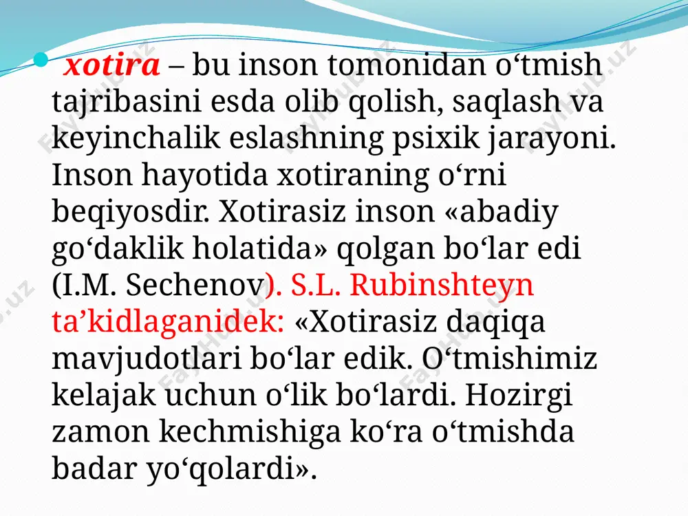 shtirish zarur bo'lgan materiallarni ko'rib idrok qilish materiallarni harakat yordamida va eshitish orqali idrok idrok qilish hamda esda olib qolish aralash holatda esda olib qolish, eshitish, ko'rish, harakat kabilar orqali idrok qilish va esda olib qolish yoki bir nechta ta'sir etuvchilar yordamida aks ettirish xotiraning quyidagi tiplari mavjud: 4) sekin esda qoldirish, tez unutish. 3) sekin esda qoldirish, sekin unutish; 2) tez esda qoldirish, tez unutish; 1) tez esda qoldirish, sekin unutish; xulosa. fikrli odam. fikr – biror narsa, kimsa haqidagi oy, xayol. fikrlash – biror xulosaga kеlish uchun, narsa va xodisalarni taqqoslamoq, oylamoq, mulohaza qilmoq, razm solmoq. fikrli odam–oylab, aql bilan ish tutadigan mulohazali kishi. fikrlash erkinligi – insonning intеllеktual va ma'naviy hayotining hamma yonalishlarini o’z ichiga oladi. aim.uz foydalanilgan adbiyotlar 1. ziyo.uz sayitlari. 2. v. karimova 2007 yil. 3. internet tarmoqlari. aim.uz e’tiboriz uchun raxmat. image2.jpeg image3.jpeg /docprops/thumbnail.jpeg
