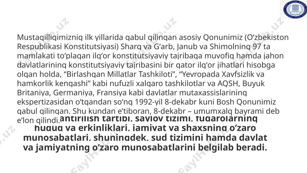 aʼmuriy-hududiy tuzilishini, davlat hokimiyati va boshqaruv organlarining tizimini belgilaydi, ichki va tashqi siyosatini amalga oshiradi. oʻzbekistonning davlat chegarasi va hududi daxlsiz va boʻlinmasdir. oʻzbekiston respublikasining davlat tili oʻzbek tilidir. konstitutsiyaning 5-moddasida "oʻzbekiston respublikasi qonun bilan tasdiqlanadigan oʻz davlat ramzlari – bayrogʻi, gerbi va madhiyasiga ega» deb koʻrsatilgan. oʻzbekistonning davlat ramzlari 1991-yil 18-noyabrdagi “oʻzbekiston respublikasining davlat bayrogʻi toʻgʻrisida”, 1992-yil 2-iyuldagi “oʻzbekiston respublikasi davlat gerbi toʻgʻrisida”, 1992-yil 10-dekabrdagi “oʻzbekiston respublikasining davlat madhiyasi toʻgʻrisida”gi qonunlar bilan tasdiqlangan. xalq hokimiyatchiligi. oʻzbekiston respublikasi konstitutsiyasiga muvofiq xalq davlat hokimiyatining birdan bir manbaidir. oʻzbekiston xalqini millatidan qatʼi nazar, oʻzbekiston respublikasining fuqarolari tashkil etadi. oʻzbekiston xalqi nomidan faqat u saylagan respublika oliy majlisi va prezidenti ish olib borishi mumkin. jamiyatning biron-bir qismi, siyosiy partiya, jamoat birlashmasi, ijtimoiy harakat yoki alohida shaxs oʻzbekiston xalqi nomidan ish olib borishga haqli emas. xalq hokimiyatchiligi quyidagi shakllarda namoyon boʻladi: birinchidan. hokimiyatning bevosita amalga oshirilishi deganda xalqning saylovlar yordamida hokimiyat vakillik organlarini shakllantirishi, …