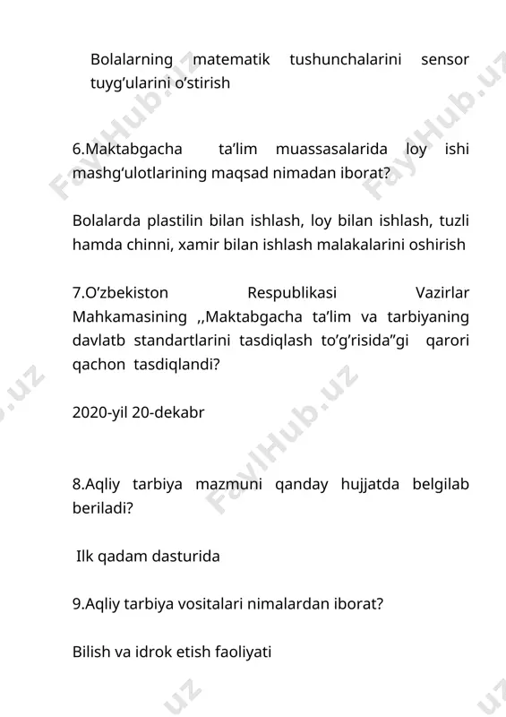 arbiyalashga 19.bola 3yoshga to’lganda uning so’z zaxirasi nechtaga yetadi? 1200-1500 30.tarbiya pedagogikaning asosiy …. tushunchasi 31.tarbiyaning maqsadi kо‘rsatilgan javobni aniqlang? har tomonlama barkamol shaxsni tarbiyalash 32.rivojlanish nima? inson tana tuzilishi, ruhiyati va xulqidagi biologic jarayonlar hamda atrof muhit ta’sirida ro’y beradigan o’zgarishlar. · o’yin bu-? o’yin buyumli predmetli va ijtimoiy voqelikni harakat qilish va uni anglashga yo’naltrilgan jarayondir. 33.jismoniy rivojlanish bu-? o’sishi, vaznining ortishi va sezgi azolarining mukammalashuvi harkatlarni to’g’ri boshqara bilish bog’liq jarayon. 34.aql kuchi va fikrlashning birgalikdagi taraqqiyoti …….ning asosidir. aqliy tarbiya 35.takomillashgan ilk qadam necha bobdan iborat? 8 36.ilk qadamni 2-nashri qachon tasdiqlangan? 2022- yil 4- fevral 37.kompetensiya-bu bilim, ko’nikma, malaka, va qadriyatlar majmuidir 38.rivojlanish markazlar soni nechta? 5 ta 39.davlat talablariga muofiq bolani rivojlanish sohalarini 3-rivojlanish sohasi qaysi? nutq, muloqot, o’qish va yozish malakalari 40.maktabgacha ta’lim olib boriladigan bolalar yosh chegarasi qaysi javobda to’g’ri berilgan? 3 yoshdan 7 yoshgacha 41.shaxsga ta’sir etuvchi omillar qaysilar? · irsiyat …