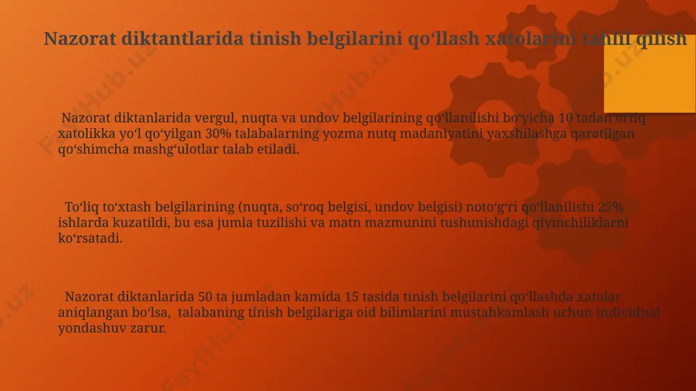 ll berish orqali umumiy baho hisoblab chiqiladi, bu esa xato turining og'irligini ko'rsatadi. nutq madaniyati xatolarini tahlil qilishda, 30 ta o'quvchini namunaviy nutqlarini tahlil qilib, fonetik, leksik va grammatik xatolar sonini aniqlash orqali ularning og'irlik darajalarini aniqlash mumkin. nazorat diktantlari tushunchasi nazorat diktanlari o'quvchilarning yozma nutq ko'nikmalarini baholash uchun 5-10 ta takrorlanuvchi gaplardan iborat bo'lib, imlo, tinish belgilarini qo'llash va grammatik to'g'riligiga oid bilimlarini tekshiradi. nazorat diktanlari turli xil murakkablik darajalariga ega bo'lib, masalan, 5-sinf uchun sodda, 11-sinf uchun murakkab matnlar tanlanadi va bu o'quvchilarning yosh xususiyatlarini hisobga oladi. nazorat diktanlarini o'tkazishda o'qituvchi matnni aniq va ravshan o'qiydi, har bir gapni 2-3 marta takrorlaydi va o'quvchilarning ishlarini keyinchalik 5 ball shkalasi bo'yicha baholaydi. nazorat diktantlari natijalarini tahlil qilish diktant natijalarini sinf o‘rtacha ko‘rsatkichi (masalan, 75%) bilan taqqoslash orqali, o‘quvchilarning umumiy bilim darajasi va o‘quv jarayonining samaradorligini baholash mumkin. har bir xato turi bo‘yicha (masalan, 50 ta imlo xatosi, 20 ta …