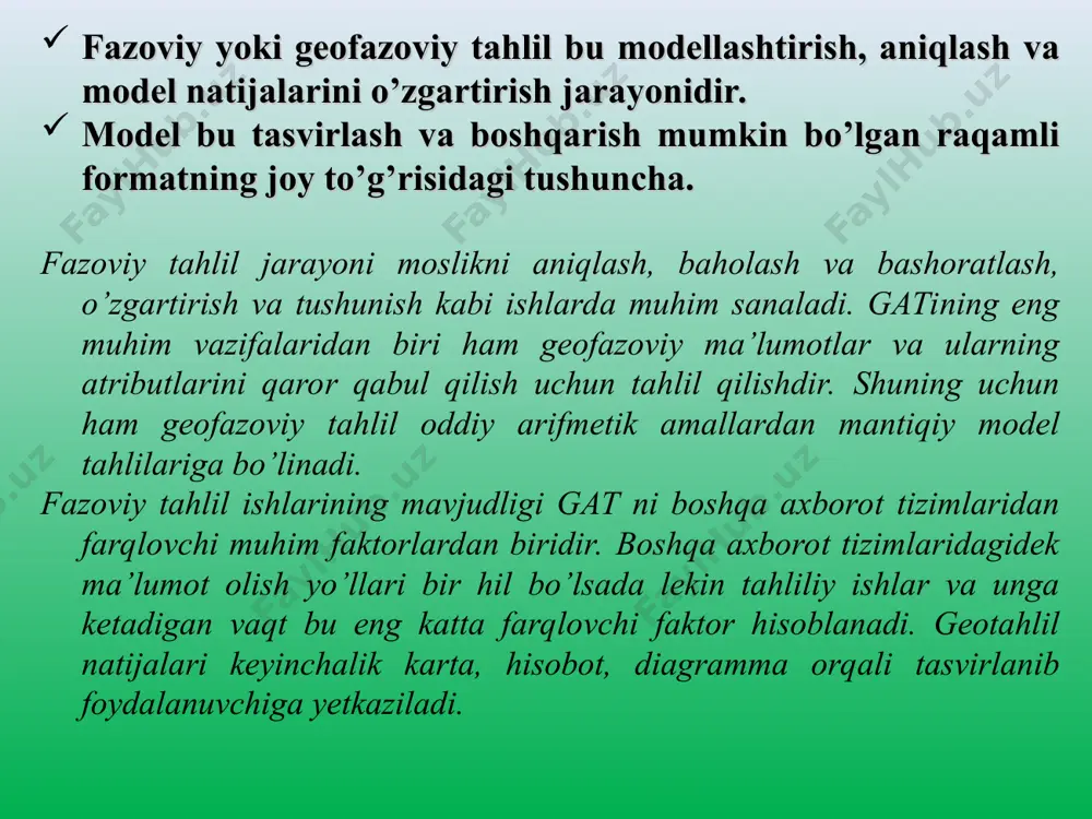 ntallarning joylashuvi balandlikning qay tarzda o’zgarishini ko’rsatadi. qiyalik har bir katakga (bilan rastr tasvirga bo`ladi)dan olingan qiymatning qo`shni katakchaga nisbatan maksimal o`zgarish daraja koeffitsentini ko`rsatadi. bundan tashqari masofa bo`yicha olib boriladigan bo`lsa masofa o`zgarishi bilan yer yuzasining o`zgarishini foiz hisobiga ko`rsatishi ham qiyalikka kiradi. aspekt bu sur`atdagi har bir katakga qiymatining qo’shni katakga nisbatan maksimum o’zgarishini pastga qarab yo’nalgan chiziqlar orqali ifodalanishini ko’rsatadi. geografiya fanida aspekt bu qiyalik yo’nalishining shimoldan soat mili yo’nalishi bo’ylab yo’nalishini ko’rsatadi. tog’lik qiyaligi (hillshade) tahlili. bu tahlil natijasida yer sathining gipotetik (yo’l qo’yarli) yorug’lik o`lchami rastr formatning har bir kvadrat katakchasidan aks ettirilayotgan yorug’lik hajmini o`lchash orqali topiladi. ko’rinish soyasi (viewshed) tahlil jarayoni yer, suv va boshqa atrof-muhit elementlarining ma’lum balandlikdan ko`rinishini tahlil qilishdan iborat. suv tarqalish tahlili (watershed analysis). bizga ma’lumki daryolar yoki boshqa suv xavzalari asosan kichik – kichik suv o’tkazuvchi kanallar ariqlar yoki irmoqlar orqali xosil bo`ladi. sathlar kesishuvi tahlili berilgan ikki …