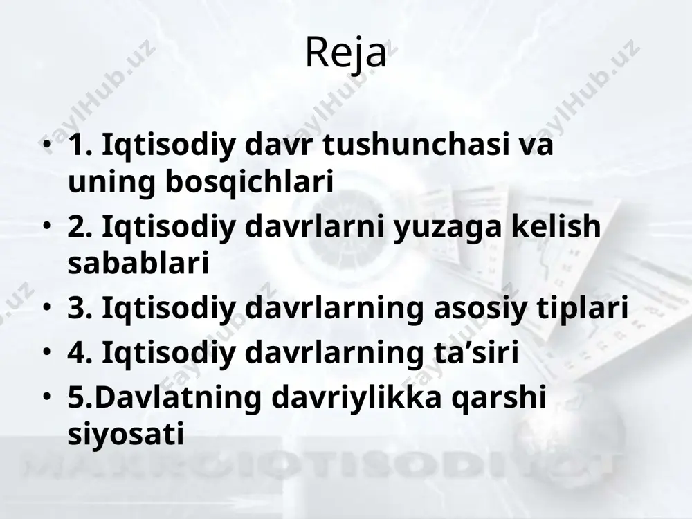 amayishaga olib keladi. talabning strukturaviy o‘zgarishi uning o‘sishiga olib keladi va ad egri chizi�ini ad0 dan ad1 gacha suradi. bu esa narxlar va ishlab chiqarish �xajmining o‘sishiga olib keladi. talabning kamayishiga olib keladigan uning strukturaviy o‘zgarishi ad egri chizig`�ini ad0 dan ad2 gacha suradi. bu narxlar va ishlab chiqarishning kamayishaga olib keladi. p as2 as0 ad as1 q p ad1 ad0 as ad2 q iqtisodiy faollik o’zgarishining sabablari va oqibatlari tashqi iqtisodiyotdan tashqari bo‘lgan xodisalar bilan bo�g‘liq. masalan, iqlimning o‘zgarishi, urushlar, davlat aralashuvi, yoqilg‘i resurslarga jaxon narxlarning o‘zgarishi,aholiningdinamikasi, fantexnika kashfiyotlari . ichki akselerator va multiplikator samarasi h�amda investitsiyalar va iste’mol o‘zgarishi bilan bog‘�liš iqtisodiy faollik o’zgarishining sabablari va oqibatlari iqtisodiy davrlarning asosiy ijtimoiy-iqtisodiy oqibatlari. iqtisodiy faollik darajasining o‘zgarishi o‘z navbatida quyidagilarning o‘zgarishiga olib keladi: ishsizlik darajasi ishlab chišarish �hajmi inflyasiya darajasi ah�oli daromadlari darajasi. iqtisodiy davrlarning kuchli ta’siri uzoq muddatli foydalanish uchun tovarlarni ishlab chiqaradigan tarmoqlarda bilinadi. aksincha qisqa muddatli …