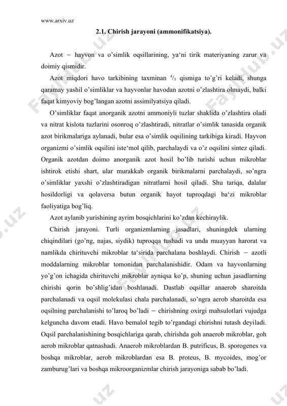 l tegib to’rgandagi chirishni tutash deyi​ladi. oqsil parchalanishining bosqichlariga qarab, chirishda goh anaerob mikroblar, goh aerob mikroblar qatnashadi. anaerob mikroblardan в. putrificus, в. sporogenes va boshqa mikroblar, aerob mikroblardan esa в. proteus, в. mycoides, mog’or zamburug’lari va boshqa mikroorganizmlar chirish jarayoniga sabab bo’ladi. oqsil molekulasi sekin–asta polipeptid, pepton, albumoza, ami​nokislotalargacha parchalanadi, bunda sassiq hidli moddalar ( indol, skatol, vodorod sulfid ajralib chiqadi. oqsil oxirigacha parchalanganda ammiak, vodorod sulfid, karbonat angidrid, suv, vodorod hosil bo’ladi. bu moddalarning bir qismi havoga ko’tariladi, boshqalari, masalan, ammiak tuproqdagi anorganik tuzlar bilan qo’shilib, ammoniy tuzlarini hosil qiladi. 2.2. chirish jarayonini qo’zg’ovchi mikroorganizmlar. quyida chirish jarayonini qo’zg’ovchi mikroorganizmlardan eng ko’p tarqalgan turlaridan misollar keltirilgan. pichan va kartoshka tayoqchalari ( aerob, harakatchan, gramm musbat, spora hosil qiluvchi bakteriyalar. ularning sporalari yuqori haroratga bardoshliligi bilan ajralib turadi. bu bakteriyalar 35–55(с haroratda yaxshi rivojlanadi. ular 5(с dan past haroratda ko’payishmaydi. pichan va kartoshka tayoqchalari tabiatda juda ko’p tarqalgan bo’lib. …