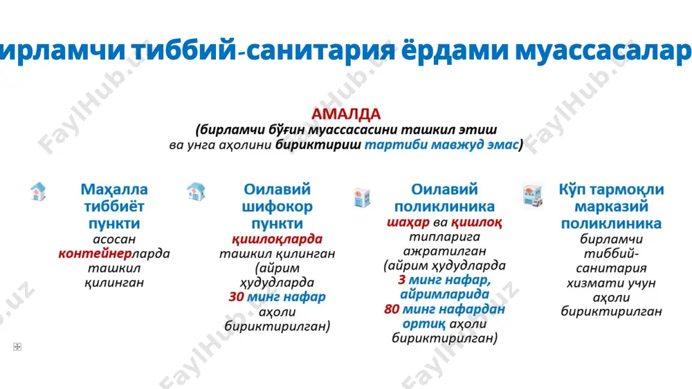 логик касалликларнинг болаларда энг кўп учрайдиган 6 тури бўйича беморлар маршрути қайта тузилади. онкологик касалликлар бўйича хушёрликни ошириш учун тиббиёт бригадаси ходимлари ўқитилади. бирламчи бўғинда онкологик касалликка шубҳа қилинган беморларга ташхис қўйиш ва даволашни бошлашни тезлаштириш мақсадида беморлар маршрути тўлиқ рақамлаштирилади ва бу жараёнга сунъий интеллект жалб этилади. оилавий шифокор томонидан шубҳа аниқланган ҳолларда бемор ҳудудий болалар кўп тармоқли тиббиёт марказига йўналтирилади. болалар кўп тармоқли тиббиёт марказининг моддий-техник базаси мустаҳкамланади, қўшимча 30-80 ўринга мўлжалланган онкогематология блоклари барпо этилади ва вилоят даражасида болаларга тўғри ташхис қўйиб даво чораларини бошлаш учун зарур тиббий ускуналар билан жиҳозланади. юқори технологик даво чоралари, шу жумладан суяк кўмиги трансплантацияси талаб этиладиган беморлар болалар онкология, гематология ва иммунология илмий-амалий марказига (марказ) йўналтирилади. болалар учун алоҳида канцер регистр жорий этилиб, ҳар бир онкологик касалликка шубҳа қилинган бола марказ томонидан назоратга олинади ва унинг маршрути рақамли платформада доимий кузатиб борилади. туман (шаҳар) шифохоналарида болалар онкогематологи ва паллиатив даво учун …