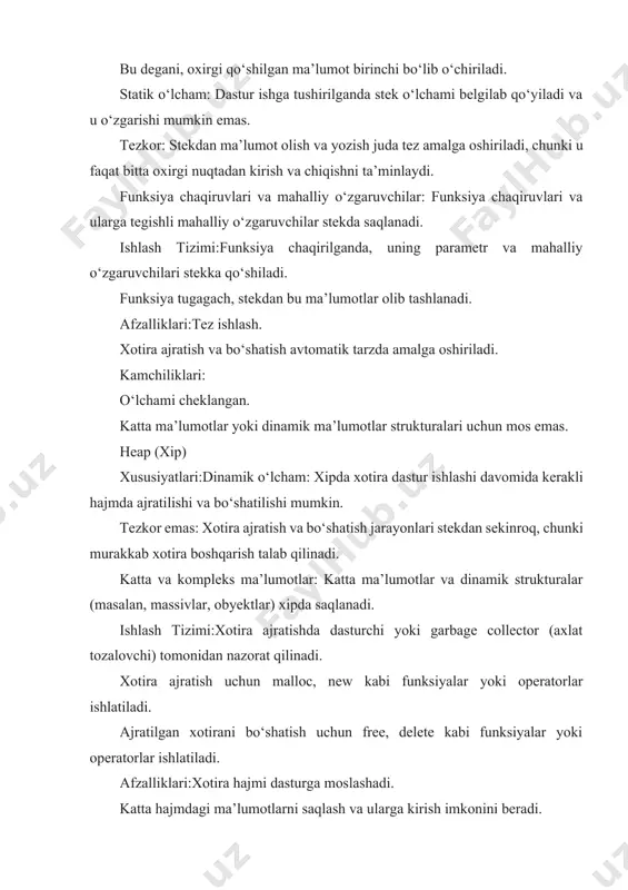 m uzunlikdagi o'zgaruvchilarni saqlash uchun ishlatiladi. dasturchilar keyinchalik o'zgaruvchan uzunlikdagi mahalliy ma'lumotlarni saqlash uchun stekdan aniq foydalanishni tanlashlari mumkin. agar xotira hududi ip stekida bo'lsa, bu xotira stekga ajratilgan deb aytiladi, ya'ni stekga asoslangan xotira ajratish (sbma). bu yig'indiga asoslangan xotira ajratish (hbma) bilan farqlanadi. sbma ko'pincha funktsiya chaqiruvlari to'plami bilan chambarchas bog'lanadi. ma'lumotlar oxirgi marta birinchi bo'lib qo'shilganligi va o'chirilganligi sababli, stekga asoslangan xotirani taqsimlash juda oddiy va odatda yig'ma-asoslangan xotirani taqsimlashdan (shuningdek, dinamik xotira ajratish sifatida ham tanilgan) ancha tezroq, masalan. c ning malloc. yana bir xususiyat shundaki, stekdagi xotira funksiya tugashi bilan avtomatik va juda samarali tarzda qayta tiklanadi, bu esa ma’lumotlar talab qilinmasa, dasturchi uchun qulay bo‘lishi mumkin.[1] (agar u alloca chaqiruvi sodir boʻlgunga qadar biror nuqtaga koʻchgan boʻlsa, xuddi shu narsa longjmp uchun ham amal qiladi.) ammo, agar maʼlumotlar qandaydir shaklda saqlanishi kerak boʻlsa, u holda funksiya chiqishdan oldin u stekdan toʻpga koʻchirilishi kerak. shuning …