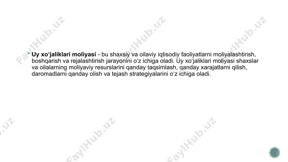 olash. qarzni boshqarish: qarzlarni to‘g‘ri boshqarish, to‘lovlarni o‘z vaqtida amalga oshirish va moliyaviy yukni kamaytirish. uy xo‘jaliklari moliyasining ahamiyati: moliyaviy barqarorlik: oila moliyaviy rejalashtirish va byudjet tuzish orqali o‘z moliyaviy holatini yanada mustahkamlashi mumkin. qaror qabul qilishda yordam beradi: moliyaviy rejalashtirish va xarajatlarni boshqarish orqali oila a'zolari yanada oqilona va maqsadli qarorlar qabul qilishlari mumkin. kelajakni rejalashtirish: uy xo‘jaliklari moliyasi, oilaning kelajagi uchun zarur moliyaviy rejalashtirishni ta'minlaydi, bu esa farovonlik va ijtimoiy xavfsizlikni oshirishga yordam beradi. ehtimoliy moliyaviy muammolarni oldini olish: tejash va investitsiya strategiyalari orqali oila moliyaviy muammolarni oldini olish imkoniyatiga ega bo‘ladi. uy xo‘jaliklari moliyasini boshqarish: daromad va xarajatlarni kuzatish: oilaning har oygi daromadlari va xarajatlarini aniqlash va ularni tahlil qilish. byudjet tuzish: oila xarajatlarini byudjetga asoslanib rejalashtirish va doimiy ravishda yangilab borish. tejash maqsadlari: oila a'zolari uchun har qanday katta xarajatlar yoki muhim maqsadlar uchun tejash maqsadlarini belgilash. investitsiya strategiyalari: oila moliyaviy resurslarini qanday investitsiyalarga yo‘naltirish bo‘yicha …