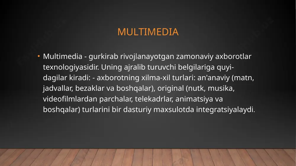 rs jarayonida kompyuterlar, sputnik aloqasi, kabel televideniyesi kabi vositalar asosida o’quv ishlarini tashkil qilishini talab qiladi. zamo naviy kompyuter texnologiyalarining tez rivojlanib borishi, ayniqsa, axborotlarni o’zatish kanallarini rivojlanishi te lekommunikatsiya sohasiga o’ziga xos tarixiy o’zgarishlar kiritmoqda. mamlakatimizdagi barcha o’quv yurtlarini va biznes bi lan shug’ullanayotgan kompaniyalarni distant uslubi asosida birlashtirilsa, o’qitish jarayonini va tijorat ishlarini yanada yuqori pog’onaga olib chiqadi. e’tiboringiz uchun raxmat. image2.jpeg /docprops/thumbnail.jpeg
