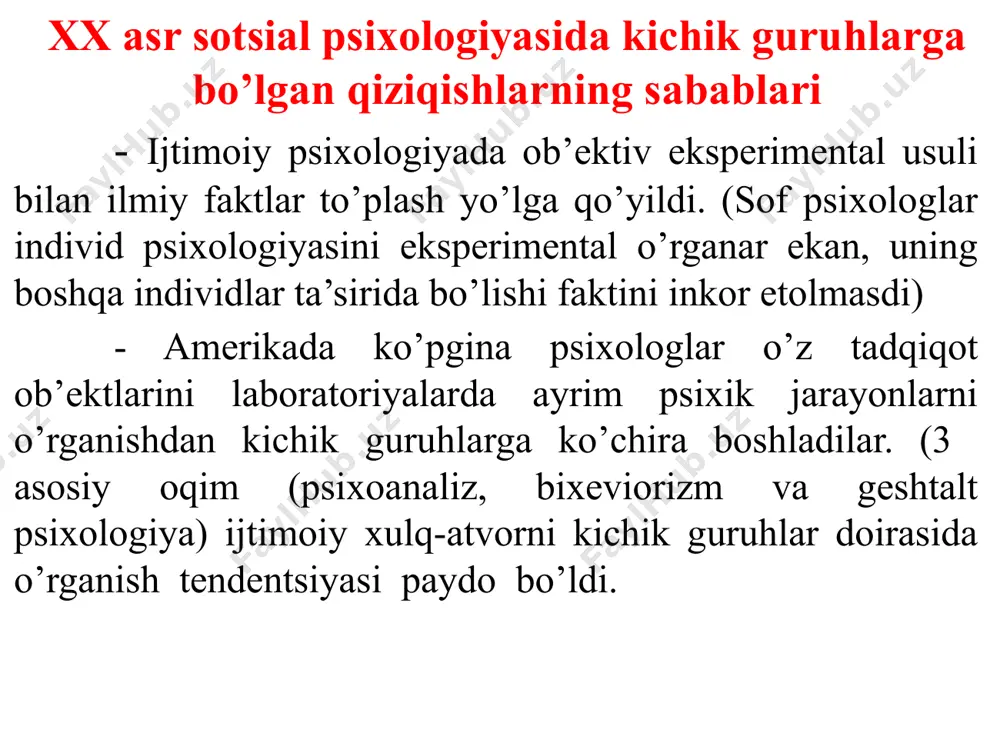 hasiga aloqador umumiy faoliyat va hamkorlik qilish, bir - birlariga ta’sir ko‘rsatish imkoniyati bo‘lishi kerak). jamoa tushunchasi guruhning eng yuksak shakli jamoadir. har qanday jamoa umumiy maqsad asosida tarkib topadi. demak, jamoa deb - umumiy maqsadlari asosida birlashgan, jamiyatning bir qismi hisoblangan va ana shu jamiyat maqsadlariga to`la buysungan kishilar guruhiga aytiladi. har qanday uyushgan guruh jamoa bo`la olmaydi. masalan, banditlar shaykasi, jinoyatchilar to`dasini jamoa deb bo`lmaydi. chunki ularning maqsadi faqat o`zlarining ehtiyojini qondirish, shaxsiy boylik orttirishdir. ular ichki manfaatidan tashqariga chiqa olmaydi. ch. kuli hamkorlikning darajasi mezoniga ko‘ra guruhlarni birlamchi guruhda shaxslararo o‘zaro ta’sir «yuzma - yuz, bevosita» ro‘y beradi. (oila, sinf, hamkasblar) ikkilamchi guruhlarda har doim ham odamlarning bevosita muloqotda bo‘lish imkoniyatlari bo‘lmaydi. ular o‘rtasidagi munosabat va o‘zaro ta’sir bilvosita bo‘ladi. (partiyaning turli viloyatlardagi a’zolari) kichik guruhlarga xos qonuniyatlar kichik guruhlarning hajmi, uni tashkil etuvchi shaxslar soni odatda “diada” (2kishi-yangi oila)dan tortib maksimal 30-40 kishi(maktab sharoitida)gacha bo’lishi mumkin. …