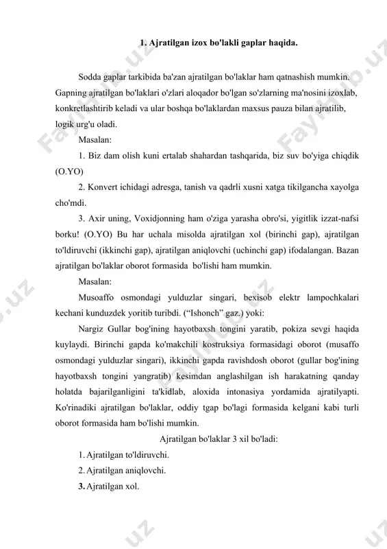 iruvchi kesim yonida kelmaydi. to'ldiruvchilarning ajratilishida qaraganda, ustiga, tashqari, ilgari, bilan birga va shu kabi ko'makchi vazifasida kelgan so'zlar ishtirok etadi. qaysi ko'makchi yoki ko'makchi vazifasidagi so'z bilan kelishiga qarab ajratilgan to'ldiruvchilar quyidagi ma'nolarni ifoda qiladi. masalan: tashqari ko'makchisi bir predmetni boshqasidan ajratib ko'rsatsa, qaraganda, ko'makchilar predmetlarni qiyos qilishda yordam beradi, bilan, ustiga, ko'makchilar esa ma'noga ikkinchi ma'noning qo'shilishi ko'rsatdi. masalan: 1. usta amaki o'ymakorlikdan bo'lak, boshqa ustaxonalar uchun qog'ozga naqsh va gullar ham chizib beradi. (s.a) 2. qamishkapaliklar odamlarni nomlari bilan atashdan ko'ra xususiyatlari bilan ta'kidlashni afzal ko'radi. (p.t) 3. men o'qishimni davom ettirish bilan birga, kechki smenada ishlab ham turibman. oddiy gap bo'lagi formasidagi to'ldiruvchilar bu xil to'ldiruvchilar o'zidan oldingi to'ldiruvchining ma'nosini izoxlaydi, unga aniqlab kiritadi, boshqa turdagi ajratilgan bo'laklar kabi, uziga xos intonasiyaga ega bo'ladi. vositasiz to'ldiruvchilar ham, vositali to'ldiruvchilar ham ajratiladi. ajratilgan vositasiz to'ldiruvchilar 1. endi ular faqat birgina saylni-dushman ustidan g'alaba qilingan kun tantanasini umid …