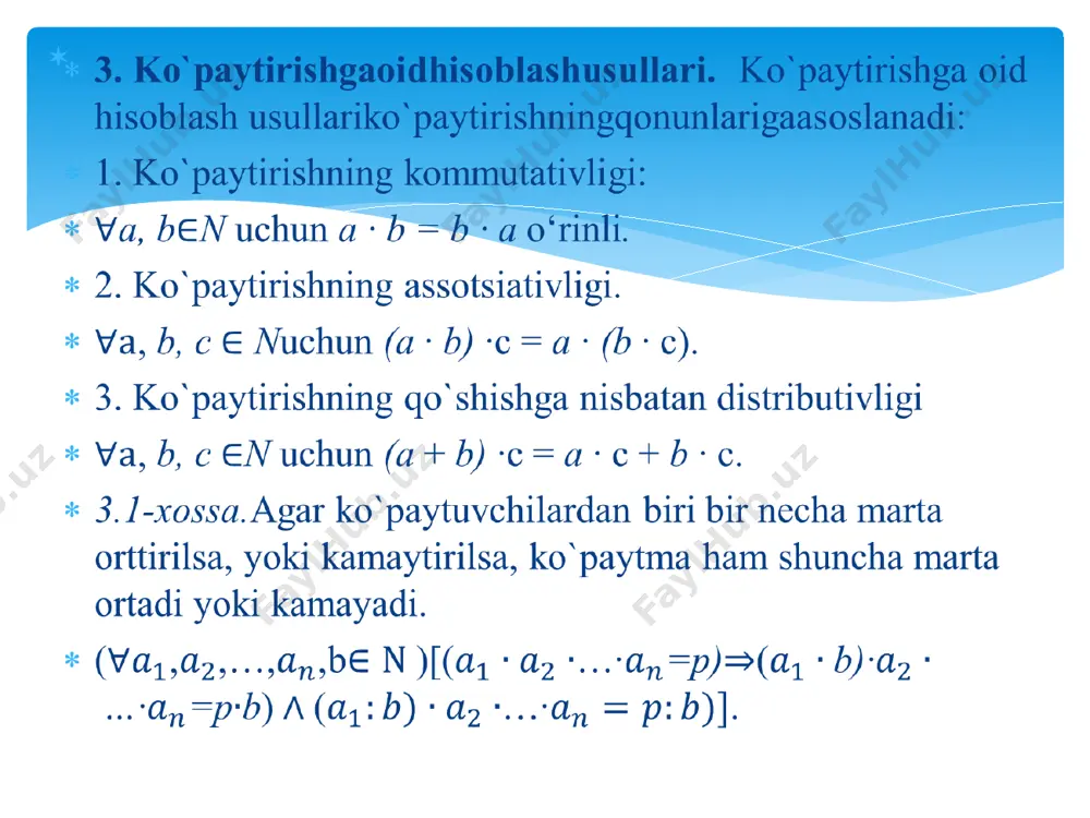 ∙10 n-1 ):2 ifodasi qoidaga asoslanib, sodda a∙5∙10 n shakliga ega bo’ladi. demak, a∙5∙10 𝑛 = (a∙10 𝑛+1 ) : 2. shuni isbotlash talab qilingan edi. 3.6 - qoida. 25 (250,2 500) ga ko’paytirish.sonni 25 (250,2 500) ga ko’paytirish uchun,uni 100 (1 000, 10 000)ga ko’paytirib 4 ga bo’lish kifoya. misol. а) 137 ∙25 = (137 ∙ 100):4 = 13 700 : 4 =(13 700 :2 ) : 2 = (10 000 : 2 + 3 000 : 2 + 700 : 2) : 2 = (5 000 + 1 500 + 350) : 2 = 6 850 : 2 = 6 000 : 2 + 800 : 2 + 50 : 2 = 3 000 + 400 + 25 = 3 425; b) 279 ∙ 250 = (279 ∙ 1 000):4 = 279 000:4 = (279 000:2):2 = 139 500 : 2 = 69 750; c) 328 ∙2500 =(328 …