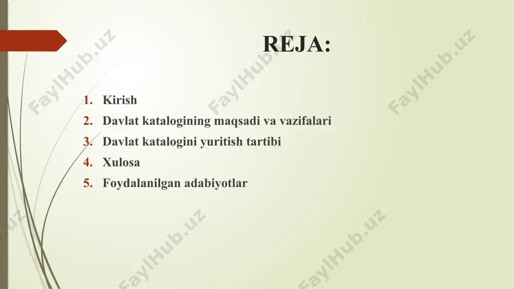 di va vazifalari o‘zbekiston respublikasi milliy arxiv fondining davlat katalogi (keyingi o‘rinlarda davlat katalogi deb ataladi) maf tarkibiga kiritilgan hamda davlat va nodavlat arxivlari (keyingi o‘rinlarda arxivlar deb ataladi), shuningdek idoraviy arxivlarning mas’ul saqlovida bo‘lgan arxiv fondlari, arxiv hujjatlarining markazlashtirilgan davlat hisobidir.davlat katalogi: arxiv hujjatlari maf tarkibiga kiritilgan arxiv fondlarining tarkibi, hajmi, ularning to‘ldirib borilishi, harakati va arxivlarga doimiy saqlashga berilishining tizimli va markazlashtirilgan hisobini, nazoratini olib borish; arxiv hujjatlari maf tarkibiga kiritilgan arxiv fondlarining tarkibi va hajmi, ularning o‘zgarishi, shuningdek ularni saqlash joylari bo‘yicha yagona ma’lumotlar bazasini tizimli shakllantirish uchun yuritiladi. o‘zbekiston respublikasi milliy arxiv fondining davlat katalogini yuritish tartibi davlat katalogini yuritish o‘zbekiston respublikasi “o‘zarxiv” agentligiga (keyingi o‘rinlarda “o‘zarxiv” agentligi deb ataladi) yuklanadi.arxiv hujjatlari maf tarkibiga kiritilgan arxiv fondlarini davlat katalogiga kiritish “o‘zarxiv” agentligiga 1-ilovaga muvofiq shakl bo‘yicha har yili taqdim etiladigan tegishli arxiv fondlarining tarkibi, hajmi va ularning o‘zgarishlari to‘g‘risidagi ma’lumotlar (keyingi o‘rinlarda ma’lumotlar deb ataladi) asosida …