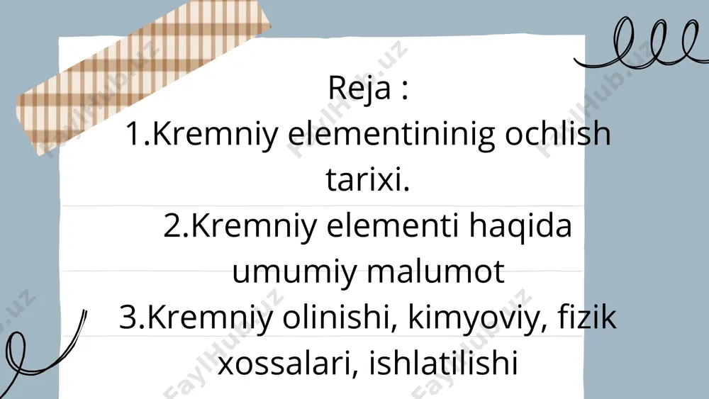 oddasi koʻp boʻlsa poya baquvvat boʻladi, uni sindirish shuncha qiyin boʻladi. insonning soch tolalari, qushlarning patlari qanotlari tarkibida boʻladi." https://cheminfo.uz/kremniy-elementi-haqida/#:~:text=ishlatilishi.%20ko%ca%bbplab,qanotlari%20tarkibida%20bo%ca%bbladi. "kremniyning eng muhim birikmalari kremniy (iv) оksidi sio2-qattiq, qiyin suyuqlanadigan, atom kristal panjarali, suvda erimaydi, yer poʻstlogʻining 12% ni hosil qiladi. таbiatda kvars minerali shaklida uchraydi. kvarsning tiniq, rangsiz, kristalini togʻ xrustali deb nomlashadi. kremen, agat, yashma, qum-kvatsning shakliy oʻzgarishi deb hisoblashadi. sio2 kislotali oksid xossasiga ega boʻlib, ishqorlar, ishqoriy metallar karbonatlari va asosli oksidlar bilan qoʻshilib suyuqlantirilganida kremniy kislota tuzlari-silikatlarni hosil qiladi. sio 2 + 2naoh = h2o + na2sio3 sio 2 + na2co3 = co2 = na2sio3 sio 2 + cao = casio3; sio 2 + 4hf = 2h2o = sif4" https://cheminfo.uz/kremniy-elementi-haqida/#:~:text=kremniyning%20eng%20muhim,o%20%3d%20sif4 xulosa. davriy sistemada kremniy elementining ahamiyati va tutgan o'rni kattigi bois u juda kop sohalarda ishlatiladi. yer yuzining 26%ini tashkil etadi. inson uchun uglevod qanchalik muhim bolsa, yer yuzi uchun ham kremniy shunchalik darajada muhim hisoblanadi …