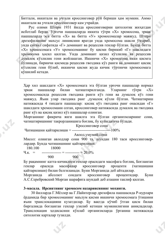 ромосомаларнинг ҳар қандай нуқтасида юз бериши мумкин. биттали, иккитали ва учтали кроссинговер рўй бериши ҳам мумкин. аммо иккитали ва учтали кроссинговер кам учрайди. рус олими штерн 1931 йилда кроссинговерни цитологик жиҳатдан исботлаб берди. урғочи пашшаларда иккита тўғри «x» хромосома, эркак пашшаларда эса битта «x» ва битта «у» хромосомалар мавжуд. штерн дрозофиланинг махсус линиясини яратди унда хромосома шакли ўзгариб, унда сигнал сифатида «г» доминант ва рецессив генлар бўлган. бунда битта «x» хромосомага «у» хромосоманинг бу қисми бирикиб «г» шаклидаги хромосома ҳосил қилган. унда доминант қизил кўзлилик ва рецессив думалоқ кўзлилик гени жойлашган. иккинчи «x» хромосома икки қисмга бўлинади, биринчи қисмида рецессив гвоздика кўз ранги ва доминант қисиқ кўзлилик гени бўлиб, иккинчи қисми жуда кичик тўртинчи хромосомага қўшилиб кетади. ҳар хил шаклдаги «x» хромосомага эга бўлган урғочи пашшалар нормал эркак пашшалар билан чатиштирилганда. уларнинг тўғри «x» хромосомасида рецессив гвоздика ранги кўз гени ва думалоқ кўз гени мавжуд. яъни улар гвоздика ранг ,думалоқ …