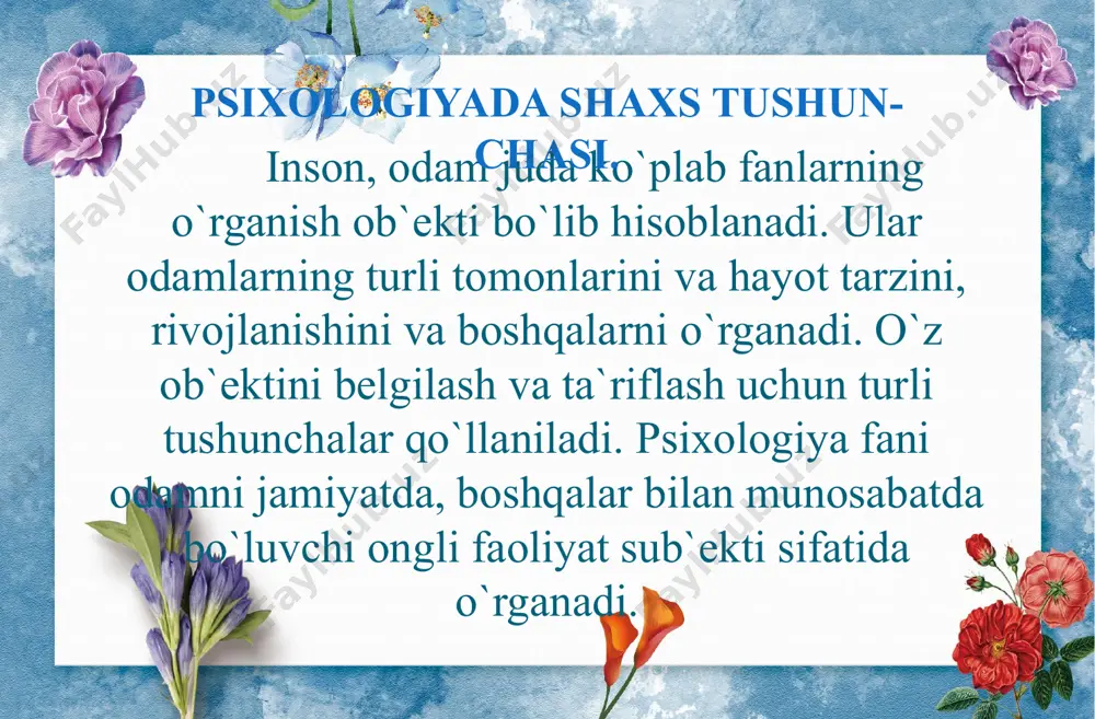 an maqsad nima? shaxsni, uning tuzilishini o`rganishdan maqsad uni boshqa odamlardan ajratib turuvchi individual xususiyatlarni aniqlashdir. 7 psixologiya tarixida shaxs rivojlanishi va takomillashuvini harakatlantiradigan kuchlar va manbai masalasini hal etishning ikkita yo`nalishi mavjud bo`lgan. bu yo`nalishlar rivojlanishning biogenetik va sotsiogenetik kontseptsiyalari nomini olgandir. 8 shaxs tuzilishida biologik va ijtimoiy omillar. 9 e’tiboringiz uchun rahmat image1.png image2.jpeg image3.jpeg image4.jpeg image5.png image6.jpeg