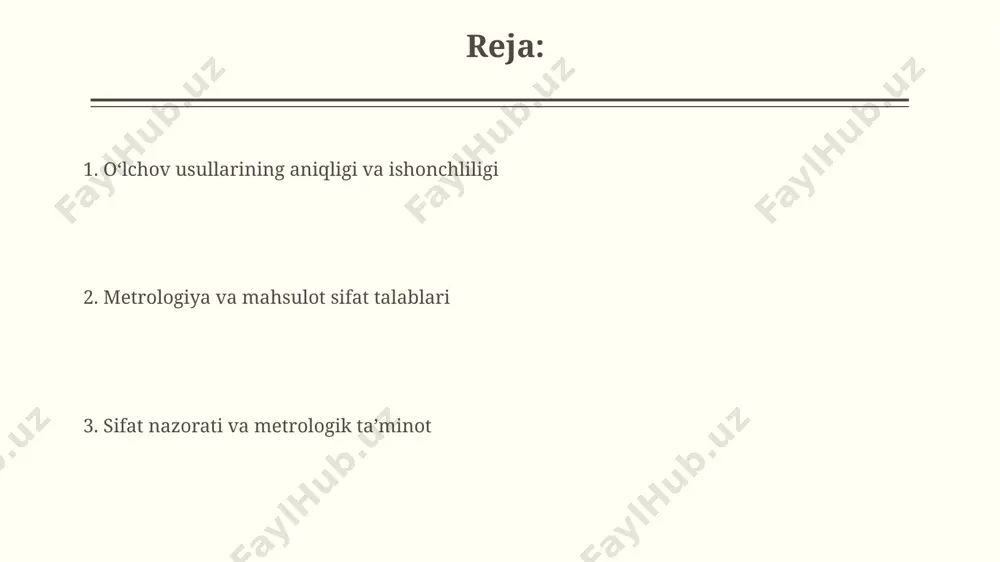 ulot sifati talablariga javob berish uchun zarur boʻlgan minimal aniqlik chegarasidir. oʻlchash natijalarining takrorlanuvchanligi va qayta tiklanuvchanligi standart ogʻishishi 0,2 mm dan oshmasligi kerak, bu aniq va ishonchli natijalarni kafolatlaydi. sifat talablari va standartlar mahsulotning geometrik o‘lchamlari va og‘irligi bo‘yicha standart og‘ishmalar 0,5 mm va 5 grammdan oshmasligi lozim. bu sifat nazorati uchun muhim parametrlar hisoblanadi. sifat talablari mahsulotning 90% dan ortiq parametrlarini iso 9001 standartiga muvofiq bajarilishini ta’minlashi kerak, aks holda qayta ishlab chiqarish zarur. metrologik xizmatlar va akkreditatsiya akkreditatsiya jarayoni davomida o'lchov vositalarining kalibrlanishi va sertifikatsiyasi, shuningdek, 5 dan ortiq xalqaro standartlarga muvofiqligi tekshiriladi. metrologiya xizmatlari iso/iec 17025 standartiga muvofiq akkreditatsiyadan o'tgan laboratoriyalar tomonidan taqdim etiladi va 99% aniqlikni kafolatlaydi. oʻlchov natijalarining tahlili va interpretatsiyasi oʻlchov natijalarining tarqalishini hisoblashda standart ogʻish (σ) qiymati 3σ dan oshsa, oʻlchov jarayonida sezilarli xatolik mavjudligini koʻrsatadi va tekshirishni talab qiladi. oʻlchov natijalari regressiya tahlili yordamida qayta ishlansa, r² koeffitsiyenti 0,9 dan yuqori …