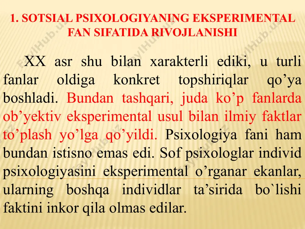 eaksiya formulasi asosida o’rganilgan. reaksiya bu – tashqi stimulga beriladigan javob, uning vositasida individning tashqi muhitga moslashuvi ro’y beradi. inson xulq-atvori qonuniyatlari tashqi stimul qonuniyatlaridan keltirib chiqariladi. s s s svet ovoz hid r so’lak ajralishi bixeviorizm yo’nalishlari doirasida o’tkazilgan ijtimoiy psixologik tadqiqotlar avvalo amerikalik olimlar k.hall va v.skennerlar nomi bilan bog’liq. ular va ularning izdoshlari hisoblangan k.miller, d.dollard, dj.tibo, g.kelli diada - ikki kishi o’rtasidagi munosabatlarning xilma xil eksperimental ko’rinishlarini tadqiq qilib, ularda matematik o’yin nazariyasi elementlarini qo’lladilar. diada sharoitida laboratoriyalarda o’tkazilgan tadqiqotlarda asosan mustahkamlash g’oyasini isbot qilishga urinildi. klassik bixeviorizmdan farqli o’laroq ijtimoiy psixologik bixevioristlar hayvonlar o’rniga laboratoriyaga naqd pulga odamlarni taklif eta boshladilar, shuning uchun ham ularning g’oyasida biologizm va mexanizm tarzda ilgarigi hayvonlarda to’plangan dalillar modelini insonlarda qo’llash hollari kuzatildi. 3. sotsial psixologiyada psixoanaliz psixoanaliz – xix asr oxiri xx asr boshlarida avstriyalik nevrolog zigmund freyd tomonidan ishlab chiqilgan. bu nazariyaga ko’ra, shaxs uch qism: id, …