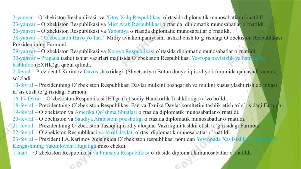 alari bo`yicha tashkiloti – unescoga a`zo bo`ldi. 3-noyabr – xorazim viloyati xazorasp tumanida shakar ishlab chiqaruvchi o`zbek-turk qo`shma korxonasi poydevoriga birichi g`isht qo`yildi. 29-dexkabr – har yili 14-yanvar kunini vatan himoyachilari kuni sifatida nishonlash to`g`risida o`zbekiston respublikasi oliy kengashi qonun qabul qildi. o`zbekiston respublikasi davlat gerbi to`g`risidagi qaror 2-iyulda qabul qilingan va o`zbekiston respublikasi davlat madhiyasi 10-dekabrda tasdiqlandi. 8-dekabr – o`zbekiston respublikasi qabul qilingan kun va shu kunni umumxalq bayrami deb e`lon qilingan. 1993-yil ahmad yassaviy yili 1-yanvar – o`zbekiston mustaqilligini 125 davlat tan oldi, 66 ta chet davlatlar bilan diplomatik aloqalar o`rnatildi. 4-yanvar – toshkentda 5 ta mustaqil davlatlarning (o`zbekiston, qozog`iston, qirg`iziston,turkmaniston, tojikiston)yangi mintaqaviy hamdo`stligi – markaziy osiyo hamdo`stligiga asos solindi. 22-yanvar – o`zbekiston respublikasi butun dunyo meterologik birlashmasi a`zoligiga qabul qilindi. 5-fevral – o`zbekiston respublikasi vazirlar mahkamasining “o`zbekiston respublikasi oliy o`quv yurtlariga abituriyentlarni test sinovlari asosida qabul qilish to`g`risida”gi qarori. 4-mart – o`zbekiston respublikasining sog`lom avlod uchun ordeni …