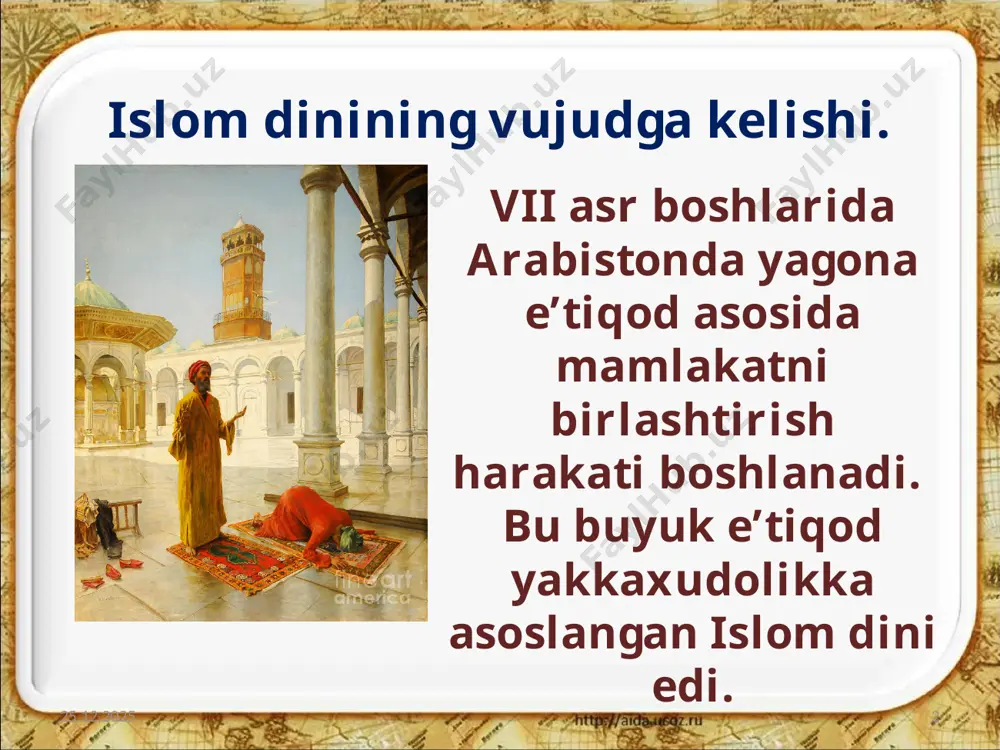 juda ko‘p qal’a va qo‘rg‘onlar hamda qishloqlarga o‘t qo‘yilib vayron etiladi. 10.10.2019 11 715-yilning boshida esa farg‘ona vodiysini uzil-kesil egallab, koshg‘argacha kirib boradi. hamma viloyatlarga arablardan amirlar tayinlanadi. 10.10.2019 12 lekin qutayba xalifa sulaymonga qarshi isyon ko‘targani oqibatida farg‘onada arab askarlari tomonidan o‘ldiriladi. 10.10.2019 13 yerga egalik shakllari. 10.10.2019 14 arablar movarounnahrni bosib olgach, bu yerdagi yer-mulklar xalifaga qarashli bo‘lib qoldi. xalifa davlat yerlarini iqto tariqasida in’om qilgan. savol va topshiriqlar: 1. jahon tarixidan olgan bilimlaringizga asoslanib arablar haqida va islom dini qanday vujudga kelganligini gapirib bering. 2. xuroson qaysi hududlarni o‘z ichiga olgan? uning markazi qaysi shahar bo‘lgan? 3. ayting-chi, movarounnahr qanday ma’noni anglatgan? 4. o‘ylab ko‘ring-chi, nega arablar movarounnahrni dastlab bosib olishni ko‘zlamagan? 5. xorazm xalifalikka qanday tobe etildi? 6. arablar movoraunnahrni necha yil mobaynida bosib olgan? 7. arablar davrida yer egaligining qanday shakllari mavjud bo‘ldi? 10.10.2019 15 image2.jpeg image3.jpeg image4.jpeg image5.jpeg image6.jpeg image7.jpeg image8.jpeg image9.jpeg image10.jpeg image11.jpeg …