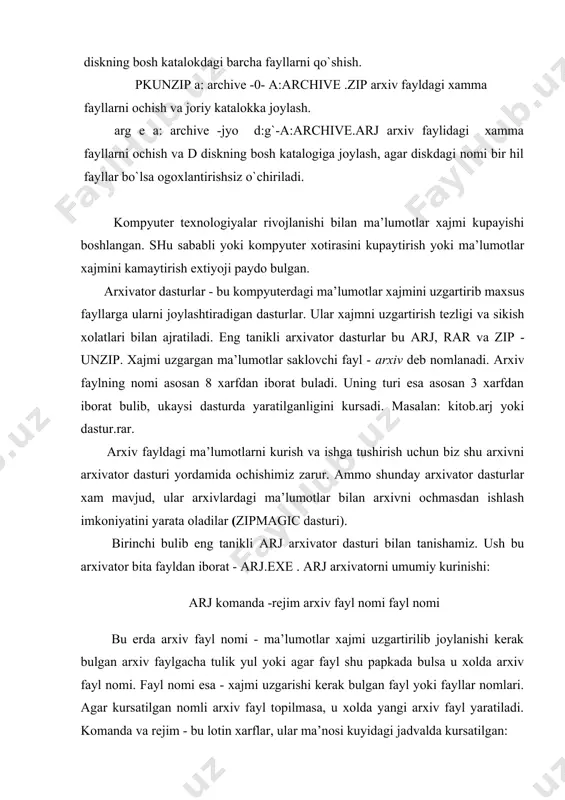 me.arj arxivga kushish misol : arj e -r mygame.arj shu mygame.arj arxivdagi barcha fayl va pakalarni shu arxiv fayl papkaga ochib chikarish. endi boshka tanikli arxivator dasturi zip bilan tanishamiz. ush bu arxivator ikkita fayldan iborat bulib ulardan biri zip - arxivlarni yaratadi, ikkinchisi esa unzip - arxiv fayllarni ochadi. zip arxivatorni umumiy kurinishi: zip – rejim unzip – rejim rejimlar: m -arxivlash (arxivga kuchirib olish). o - arxivdan xamma fayllarni tiklash. n - fakat uzgargan fayllarni tiklash rp - katalog va kismkataloglar bilan tiklash yukorida kursatilgan dasturlar ms-dos operatsion tizim uchun mujallangan bulib, ularda ishlash juda murakkab. ammo ushbu dasturlarning windows operatsion tizim uchun mujallangan versiyalari xam mavjud. ular oson va bir xil foydalanuvchi interfeysi va yangi imkoniyatlari bilan farklanadi. ushbu dasturlar nomi xam arxivatorni kursatib turadi. masalan winzip, winrar, winarj yoki zipmagic. arxiv fayl nomi esa endi 8 ta xarfdan oshirilishi mumkin. windows uchun yaratilgan arxivator dasturlanning biri …