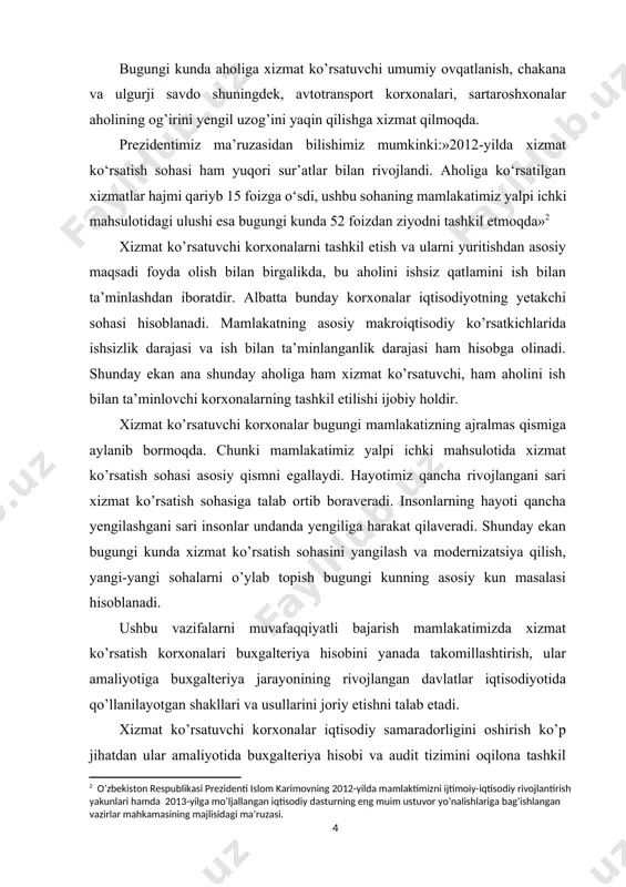 osida tubdan isloh qilish talab etilmoqda. o’zbekiston respublikasi boshqa rivojlangan mamlakatlarga qiyos qilganimizda anchagina yangi va yosh davlat hisoblanadi. lekin bugungi kunda uning erishgan yutuqlari maqtovga loyiqdir. malakatimiz mustaqilikka erishganiga endigina 22 yil bo’lgan bo’lsada mamlakatimiz erishgan yutuqlari havas qilsa arzirlidir. yurtimizga har yili ko’plab sayyohlar, mehmonlar, ishbilarmonlar, biznesmenlar va ko’plab boshqa soha egalari tashrif buyurishadi. albatta ular ham yashash sharoitimizga turmush tarzimizga alohida e’tibor bilan qarashadi. mamlakatimizning xizmat ko’rsatish sohalari bilan qiziqishadi. jumladan transport sohasini rivojlanganligiga, umumiy ovqatlanish, bozorlarimizdagi savdo sohasini qay tarzda ekanligi barchani qiziqtirmasdan qolmaydi. xizmat ko’rsatuvchi korxonalarning mamlakat iqtisodiyotini yuksaltirishdagi zaruratini quyidagilar orqali belgilash mumkin: · korxonalarga zarur moddiy resurslarni etkazib berish orqali ular faoliyatida takror ishlab chiqarishning uzviyligi samaradorligini ta’minlash; · aholining yuqori sifatli tovarlar va xizmatlarga bo’lgan ehtiyojini qondirishga ko’maklashish; · aholiga sifatli transport xizmatlarini ko’rsatish; · ichki bozorni iste’mol tovarlari bilan doimiy ravishda ta’minlab turish; · ishlab chiqarilgan maxsulotlarni respublikaning turli hududlari aholisi …
