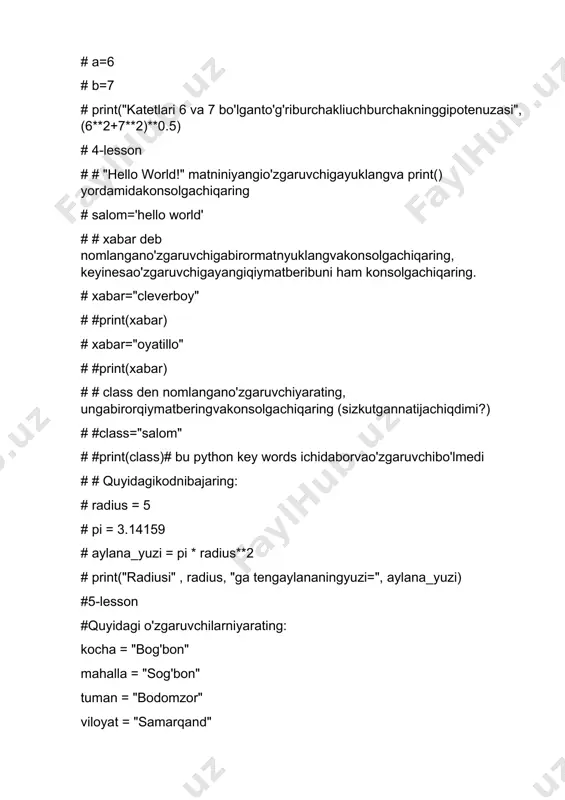 qand" #yuqoridagi o'zgaruvchilarnijamlab, quyidagiko'rinishdakonsolgachiqaring: #bog'bon ko'chasi, sog'bonmahallasi, bodomzortumani, samarqand viloyati # print(kocha,"ko'chasi",mahalla, 'mahallasi', tuman ,'tumani',viloyat,'viloyati') # yuqoridagio'zgaruvchilarning (kocha, mahalla, tuman, viloyat) qiymatinifoydalanuvchidanso'rang. vaavvalgimashqnitakrorlang. #kocha, mahalla, tuman, viloyat=map(str, input().split()) #map() funktsiyasibirnechtao'garuvchiniqabulqilishgamo'ljallangan #split() metodiesao'zgaruvchilarniajiratibberadi (...) qavsichidanimadanfoydalansako'zgaruvchilarniajiratishdashundanfoydalanamiz # print(kocha,"ko'chasi",mahalla, 'mahallasi', tuman ,'tumani',viloyat,'viloyati') # yuqoridagimatnnikonsolgachiqarishdaharbirverguldankeyinyangiqatordanyozing # print(kocha+" ko'chasi,\n"+mahalla, ' mahallasi\n'+tuman +' tumani,\n'+viloyat+' viloyati') # yuqoridagimatnni f-string yordamida, yangi, manzil deb nomlangano'zgaruvchigayuklang manzil = f"{kocha} ko'chasi, {mahalla} mahallasi, {tuman} tumani, {viloyat} viloyati" #print(manzil) # manzilga biz yuqoridao'rgangan title(), upper(), lower() , capitalize() metodlariniqo'llabko'ring. # print(kocha.capitalize()+" ko'chasi,\n"+mahalla.title(), ' mahallasi\n'+tuman.upper() +' tumani,\n'+viloyat.lower()+' viloyati') #6-lesson #foydalanuvchi kiritgansonningkvadrativakubinikonsolgachiqaruvchidastur #a = int(input("istalgan son kiriting =")) #print("sonning kvadrati=",a**2,'kubi=',a**3) #foydalanuvchining yoshiniso'rab, uningtug'ilganyilinihisoblab, konsolgachiqaruvchidastur #age=int(input('yoshingiz nechchida: \n >>>')) #print(2023-age,"- yildatug'ilgansiz") #foydalanuvchidan ikki son kiritshniso'rab, kiritilgansonlarningyig'indisi, ayirmasi, ko'paytmasivabo'linmasinichiqaruvchidastur #a,b=map(int,input().split()) #print("yig'indi=" , a+b,"ayirma=",a-b,"ko'paytma=",a*b,"bo'linma=",a/b,"int value=",a//b,"rest=",a%b,"garduete=",a**b) #7-lesson #ismlar deganro'yxatyaratingvakamida 3 ta yaqindo'stingizningisminikiriting