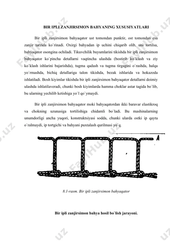 n 2–2,5 mm ko`tarilganda ipda halqa hosil qiladi, bu halqani chalishtirgich 3 ning uchi ilib oladi (8.2-rasm, a); – chalishtirgich 3 halqani cho`zib uzaytiradi, igna 2 gazlamalardan chiqadi, tishli reyka 4 ko`tariladi va gazlamalarni bir bahya bo`yi suradi (8.2-rasm, b); – gazlamalar surilishining oxirida halqa og`ib, o`nga igna 2 kirishi uchun qulay holatni egallaydi, ayni vaqtda chalishtirgich 3 ning qiya yuzasi halqaning qisqa (chapdagi) bo`lagini chalishtirgich 3 sterjeniga o`ralib ketmaydigan qilib oldinga olib o`tadi (8.2-rasm, v); – igna 2 yana gazlamalarni teshib o`tadi va eng pastki holatdan 2–2,5 mm ko`tarilganda ikkinchi halqa hosil qilib, bu halqaga chalishtirgich 3 ning uchi kiradi (8.2-rasm, g, d); – chalishtirgich 3 ikkinchi halqasi birinchisi ichiga kiritiladi (8.2-rasm, e); birinchi halqa chalishtirgich 3 ostidan sirg`anib chiqadi (8.2-rasm, e); – igna 2 gazlamadan chiqqan zahoti reyka 4 ko`tariladi va materialni bahya bo`icha suradi. birinchi bahya hosil qilishda igna 2, chalishtirgich 3, kengayuvchi ikkinchi halqa va reyka …