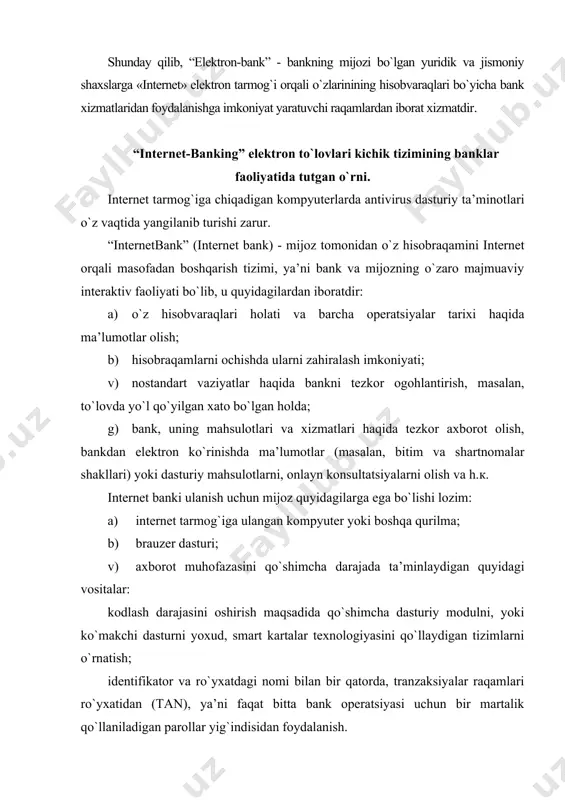 rkazlaridan manfaatdor bo`ladi; · banklar bilan tijorat markazlari bir-birlariga mahsulot sotish operatsiyalarini amalga oshirishdan o`zaro manfaatdor bo`ladi. bank supermarketda o`z ishini do`konning an’anaviy joylarida mini-bo`limlar ochishdan boshlab, bank stendigacha turlicha yo`sinda tashkil etishi mumkin. supermarket banking uchun qandaydir ideal model yo`q. optimal variantga erishish uchun xilma-xil strategiyalarga amal qilish kerak bo`ladi. mazkur strategiyalar loyihalash, joylashtirish masalalari, tashkiliy va texnikaviy jihatlar ishlab chiqilgan, shuningdek bankd bo`ladigan xodimlarning optimal soni belgilangan vaqtdagina muvaffaqiyatli bo`ladi. supermarket-bankingning tashkiliy modeli va uni joylashtirish o`zaro chambarchas boyolangandir. birinchi unsur bank bo`limining joylashishidan kelib chiqadi: tijorat markazi ichida u qoida tariqasida, markaziy o`tish joyida supermarket kassalarining qarshisida joylashadi, toki bo`linma ajralib tursin (bunday joylashish navbatda turgan mijozlarni u yerdagi reklamaga e’tibor berishga majbur qiladi). shu bilan birga, markazga keluvchilarga bank bo`limining old tomoni namoyon bo`lib, unda bankning markasi (savdo belgisi) ajralib turadi, supermarket ichida bu bo`lim ancha ko`rinarli qilib: do`konga kiraverishda yoki kafe atrofida, hech bo`lmaganda, bevosita …