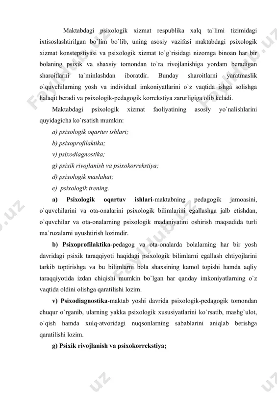 arini aniqlab berishga qaratilishi lozim. g) psixik rivojlanish va psixokorrekstiya; d) psixologik maslahat-ishlari o`qituvchilar, ota-onalar, o`quvchilarning shaxsiy ishlari, kasbi va shu kabi boshqa aniq hayotiy muammolariga yordam berishga qaratiladi. maktabdagi psixologik xizmatning asosiy vazifalari-tadqiqot ishlari, amaliy ishlar va tashviqot ishlaridan iborat o`nta vazifadan tashkil topadi. e) psixologik trening: trening boshlanishidan avval trening qatnashuvchilari tomonidan o`zining chaqiruv (karton qog`ozcha)lari to`ldiriladi, ya`ni treningda foydalaniladigan ismini yozadi. qatnashuvchi o`zini xohlagan ismini, do`stini yoki tanishlaridan birini ismini, taniqli siyosatchi yoki taniqli san`atkorimi, yoki bo`lmasa sizga yoqqan mashhur insonning ismimi, kim bo`lishidan qat`iy nazar tanlashda erkinlik mavjud. ismi katta harflar bilan aniq qilib yoziladi, chaqiruvchi kiyimi ustiga to`g`nag`ich bilan shunday qistiriladiki, uni hamma ko`ra olishi va oson o`qiy olishi kerak. shu paytdan boshlab, treningda qatnashuvchilar trening davomida bir-birlariga shu ism bilan murojaat qiladilar. qatnashuvchilar bir-birlari bilan tanishib olishlari uchun, rahbar yoki o`yinni olib boruvchi, trener, 3-5 daqiqa vaqt ajratishi lozim. xalq ta`limi vazirligi qoshidagi psixologik …