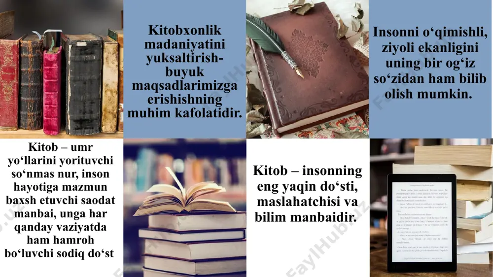 . o‘z navbatida, bu mamlakatimizda aholining va ayniqsa, yoshlarning intellektual salohiyatini yanada oshirish, davlatimiz va jamiyatimizning eng rivojlangan davlatlar qatorida barqaror ma’naviy-ma’rifiy, ijtimoiy, iqtisodiy va innovatsion taraqqiyot bosqichiga olib borishga hizmat qiladi. aziz yoshlar kitob o‘qing, kitob insonning hayot yo‘lida yo‘ldoshi bo‘lsa, hayot so‘qmoqlaridan ravon va mamnuniyat bilan o‘tadi. e’ t i b o r i n g i z u c h u n r a x m a t ! image2.jpeg image3.jpeg image4.jpeg image5.jpeg image6.jpeg image7.jpeg image8.jpeg image9.jpeg image10.png image11.png image12.png image13.png image14.png image15.png image16.png image17.jpeg image18.jpeg image19.jpeg image20.jpeg image1.png /docprops/thumbnail.jpeg