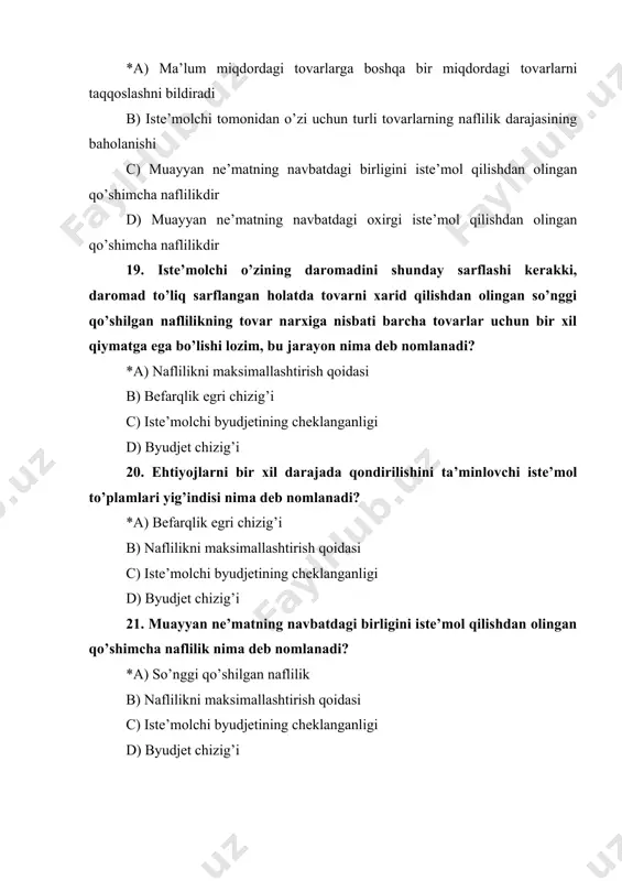chiqarish hajmini belgilashdagi yakkahukmronlik holati hisoblanadi nima deb nomlanadi? *a) sof monopoliya b) monopoliya c) oligapoliya d) raqobat 32. tarmoqdagi bir necha yirik ishlab chiqaruvchi yoki sotuvchining narx va ishlab chiqarish hajmini belgilashdagi hukmronlik holati iqtisodiy jihatdan nima deb nomlanadi? *a) oligapoliya b) monopoliya c) raqobat d) sof monopoliya 33. erkin bozorlar resurslarni samarali taqsimlay olmaydigan holat iqtisodiy jihatdan nima deb nomlanadi? *a) bozor muvaffaqiyatsizligi b) bozor muvaffaqiyatligi c) raqobat d) sof monopoliya 34. fiyasko so’zining ma’nosi nima deb nomlanadi? *a) muvaffaqiyatsizlik b) monopoliya c) raqobat d) monopolistik 35. aholiga davlatning moliyaviy mablag'lari hisobidan bepul taqdim etiladigan tovarlar va xizmatlar to'plami nima deb nomlanadi? *a) jamoat mollari b) ijobiy tashqi ta'sir c) salbiy tashqi ta'sir d) sof monopoliya 36. ishlab chiqarilayotgan mahsulot (ish, xizmat) , foyda va daromad hajmini oshirish, mahsulot tannarxini kamaytirish, sifatsiz mahsulot ishlab chiqarishni kamaytirish yoki umuman, yo‘q qilish bilan bog’liq bo’lgan korxona faoliyatining ijobiy natijalari nima …