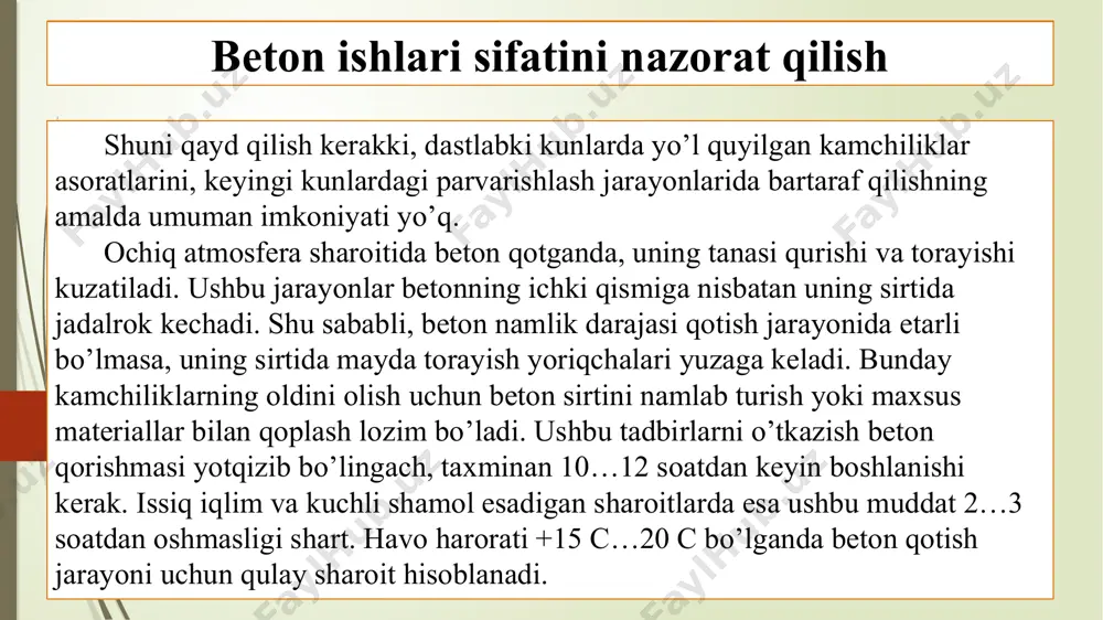 sligi kabi masalalarga asosiy e’tibor qaratilishi kerak. beton ishlari sifatini nazorat qilish beton ishlari sifatini nazorat qilishdagi me'yoriy hujjatlar tizimi beton ishlari sifatini nazorat qilishda belgilangan me’yoriy hujjatlar mamlakatning iqlim va boshqa sharoitlaridan kelib chiqgan holda qabul qilinadi. misol uchun namlik yuqori bo’lgan mamlakatlarning me’yoriy hujjatlari tropik mintaqalarga to’g’ri kelmasligi mumkin. cнип va boshqa turdagi hujjatlar orqali beton ishlarini va beton qorishmasini sifatini me’yorlarga muvofiq tadbiq etish mumkin. bundan tashqari гост hujjatlari orqali ham ma’lum talablar o’rnatiladi. beton ishlari sifatini nazorat qilishdagi me'yoriy hujjatlar tizimi гост 18105-2010 бетоны. правила контроля и оценки прочности межгосударственный стандарт бетоны правила контроля и оценки прочности concretes. rules for control and assessment of strength hujjatini ko’rinishi bo’lib bunday turdagi hujjatlar bir qancha davlatlar tomonidan qabul qilinishi mumkin. beton ishlari sifatini nazorat qilishdagi me'yoriy hujjatlar tizimi yuqorida takidlab o’tilgan hujjatni davlatlarning qaysi organlari orqali qabul qilinganligi. beton ishlari sifatini nazorat qilishdagi me'yoriy hujjatlar tizimi quyidagi normativ …