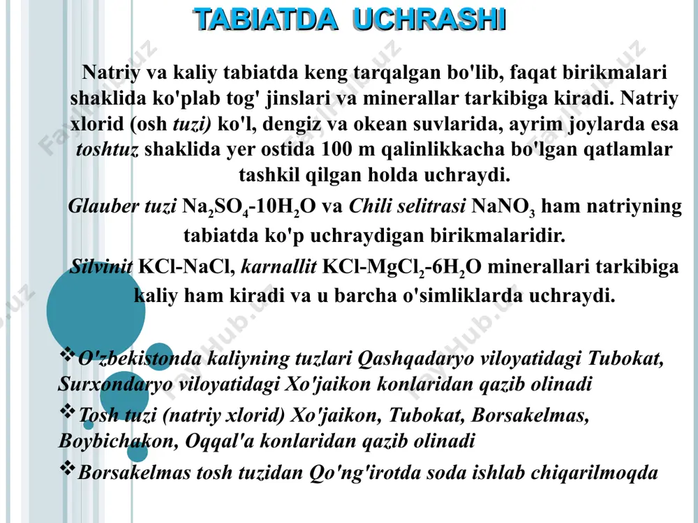 lektroliz qilinadi. kaliy gidroksidni olish uchun ham laboratoriya sharoitida kaliy metali va kaliy oksiddan, sanoatda esa kaliy xlorid eritmasini elektroliz qilib olinadi. natriy va kaliy gidroksidlari amaliy jihatdan katta ahamiyatga ega bo'lib, sanoatning turli sohalarida qo'llaniladi. kaliy gidroksid turli kaliyli tuzlar olishda, suyuq sovun olish uchun ishqoriy akkumulyatorlar tayyorlashda ishlatiladi. natriy peroksid (na2o2) natriy metalining yonishi natijasida hosil bo'lgan modda bo'lib, karbonat angidridni yutish xossasiga ega. uning ana shu xossasidan suv osti kemalarining honalarida yig'ilib qolgan karbonat angidridni bog'lash maqsadida foydalaniladi. vodorod peroksid olish uchun ham natriy peroksiddan foydalaniladi. buning uchun sovuq sulfat kislotaga natriy peroksid ta'sir ettiriladi. savollar va topshiriqlar natriy va kaliyning fizik va kimyoviy xossalarini aytib bering. 46 g natriyning suv bilan ta'sirlashishidan qancha xajm vodorod olish mumkin (n.sh.)? 8 % koh tutgan 700 g ishqor eritmasi tayyorlash uchun qancha miqdor kaliy metalidan kerak bo'ladi? natriy va kaliyni ularning tuzlari eritmalarini elektroliz qilib olish mumkinmi? eng muhim …