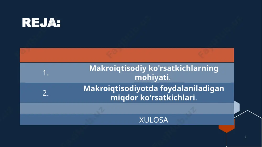 omad (md), shaxsiy daromad (shd), ixtiyoriy daromad (id) va boshqalar. makroiqtisodiy sifat ko‘rsatkichlariga quyidagilar kiradi: inflyatsiyaning o‘sish sur’atlari, ishsizlik darajasi, aholining ish bilan bandlik darajasi, aholi jon boshiga to‘g‘ri keladigan yalpi ichki mahsulot va boshqalar. 4 4 makroiqtisodiy ko'rsatkichlarning mohiyati (davomi) bu ko‘rsatkichlar iqtisodiy tizimning umumiy holatini ifodalaydi, ijtimoiy ishlab chiqarishdagi barcha qatnashuvchilarning (korxona, tarmoq, mintaqa, davlat) faoliyatlari natijasida aniqlanadi. ular mamlakatning iqtisodiy imkoniyatlarini, uning ijtimoiy-iqtisodiy rivojlanish istiqbollarini narxlash uchun ishlatiladi. bozor iqtisodiga o‘tayotgan mamlakatlarda ijtimoiy ishlab chiqarishning kengaytirilgan tushunchasiga amal qilinadi. shu ma’noda, ijtimoiy ishlab chiqarish – iqtisodiyotning daromad yaratuchi barcha sohalarining ishlab chiqarishidir. bu yerda moddiy ishlab chiqarish sohalardan tashqari, pulli xizmatlar ko‘rsatuvchi tarmoqlar (moliya, sug‘urta, sog‘liqni saqlash, maorif va boshqalar) ham ijtimoiy ishlab chiqarishga kiradi. shu sababli, bozor iqtisodiyotiga o‘tgan mamlakatlarda yaratilgan ijtimoiy mahsulot tarkibiga tovarlar ham, xizmatlar ham, milliy daromadda esa, tovarlarni sotishdan, xizmat ko‘rsatishdan olingan daromadlar hisobga olinadi. 5 5 ijtimoiy ishlab chiqarishdan chetda faqat …