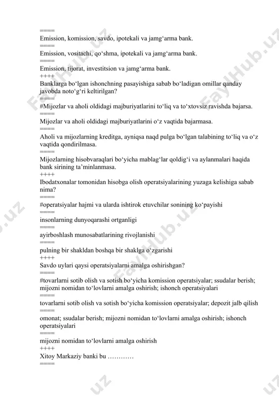 0-yil fransiya markaziy banki, 1694-yil italiya markaziy banki ++++ bank tizimi bu ==== #yagona kredit tizimida faoliyati yuritayotgan banklar majmui ==== tijorat banklari faoliyati ==== markaziy banklar faoliyati ==== tijorat banklari hamda markaziy bank faoliyati ++++ bank tizimi pog’ona nuqtai nazardan nechi turga bo’lib o’rganiladi ==== #3 ==== 2 ==== 1 ==== 4 ++++ yevropa ittifoqi bank tizimi …….. ==== #3 pog’onali ==== 4 pog’onali ==== 2 pog’onali ==== 1 pog’onali ++++ yevropa markaziy banki qachon tashkil topgan? ==== #1998 ==== 1999 ==== 2000 ==== 2001 ++++ yevropa ittifoqi bank tizimining 3-pog’onasida turuvchi banklar ==== #yevrohududga a’zo mamlakatlardagi tijorat banklari ==== yevrohududga a’zo mamlakatlar markaziy banklari ==== yevropa markaziy banki ==== yevrohududdagi nobank kredit tashkilotlari ++++ bank tizimi …… ==== #banklar faoliyati bilan bog’liq elementlar yig’indisi ==== markaziy bankning operatsiyalari ==== tijorat banklari operatsiyalari ==== nobank kredit tashkilotlari bajaradigan operatsiyalar ++++ tijorat banklari faoliyatini tartibga soluvchi va nazorat qiluvchi tashkilot? …