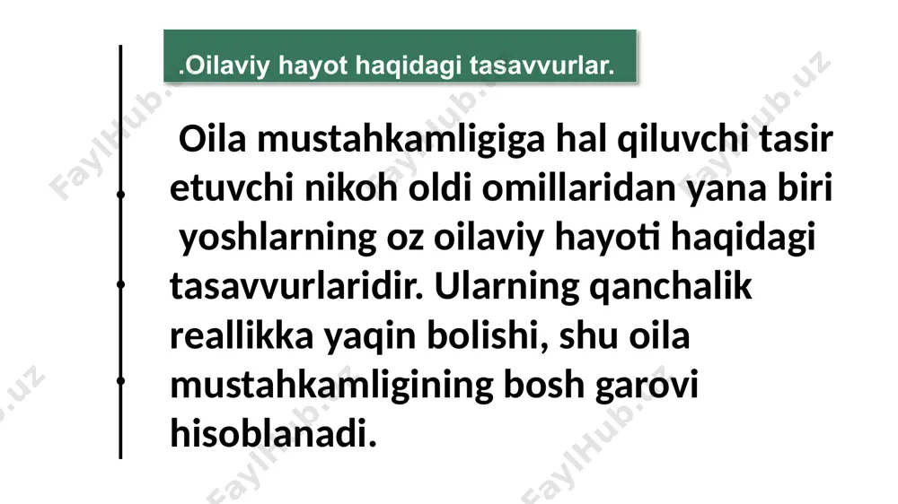 k-shubhasiz omadsizlikka uchrashlari mumkin. umuman yosh oilalarda er-xotin munosabatlarining qay tarzda rivojlanishi avvalo shu yosh oilaning yuzaga kelishiga asos bolgan nikoh oldi omillarining xarakteriga, shu oilalarning yuzaga kelish shart-sharoitlari bilan uzviy bogliqdir. oilaviy munosabatlar psixologiyasi. yosh oilalarda er-xotin munosabatlari oziga xos hududiy,etnik, jinsiy, yosh va individual psixologik xususiyatlarga ega bolgan er-xotin munosabatlari shakllanishining eng nozik va hal qiluvchi shakli hisoblanadi. u yoki bu yosh oilaga xos bolgan er-xotin munosabatlari boshqa bir er-xotinga mos kelmasligi mumkin. chunki yosh oilani yuzaga keltirgan er-xotinlar turli xil shaxslararo munosabatlar tizimi, turlicha taomilga ega bolgan oilalarda tarbiyalangan, shaxs sifatida shakllangan individlardan tashkil topadi. lekin shunga qaramasdan maxsus psixologik tadqiqotlarda va ulardan olingan natijalar asosida yozilgan ilmiy psixologik adabiyotlarda yosh oilalarda er-xotin munosabatlarining shakllanishi va rivojlanishining umumiy mexanizmlarga oid tegishli malumotlar keltirib otilgan. bir-birlarini malum bir muddat sevishib oila qurgan juftlarda bunday emotsional kotarinkilik darajasi nihoyatda yuqori boladi. chunki ular bir necha yil kutib, intilib yashagan, …