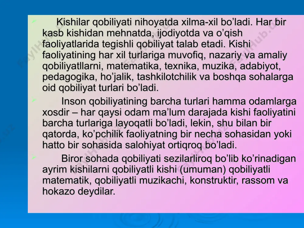 ing qarindoshlik aloqalarini o’rganib, talant ota-onadan irsiyat yo’li orqali o’tadi degan xulosaga kelgan. 1. g’arbiy yevropalik olimlar psixologiyadagi irsiyat nazariyasiga qarshi chiqadilar. masalan, shveysariyalik psixolog v. boven,ingliz bioximigi s.gouz,ingliz psixologi, d.kidjinлар 2. ikkinchi konsepsiyaning vakillari qobiliyatni butunlay hayot va tarbiyaning ijtimoiy sharoiti belgilaydi deb uqtiradilar. masalan, gelvesiy o’z vaqtida tarbiya yordamida geniyni yaratsa bo’ladi, degan edi. rus olimi a.n. leont'ev ham o’zining funksional organlar nazariyasi bilan bu nazariyaga a.uxtomskiy asos solgan bo’lib, shunga o’xshash konsepsiyani yoqlaydi. 3. ko’zga ko’ringan rus psixologi s.l.rubinshteyn, a.n.leontevning konsepsiyasiga norozilik bildirdi. uning fikricha tug’ma iste'dod nishonalari bu reallikdir, uni rivojlantirish lozim. hayotiy kuzatishlar va maxsus tekshirishlar qobiliyatning tabiiy zaminini inkor qilib bo’lmasligini ko’rsatadi. shuning uchun zehn nishonalari bo’lgan kishi noqulay sharoitda ham zehn nishonalari bo’lmagan, lekin qulay hayotiy sharoitdagi kishiga nisbatan yuksak qobiliyat ko’rsata oladi. va aksincha, masalan, bir oilada va bir maktabda rivojlanayotgan aka-ukalar yoki opa-singillar yaxshi yoki yomonligidan qat'iy nazar, bir xil ijtimoiy …