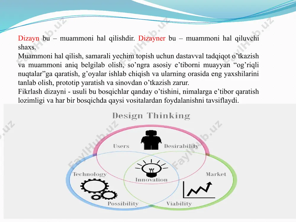 aniga bir nechta g‘oyani sinab ko‘rishga imkon beradi. yechim ishlab chiqish jarayonini boshqarish uchun. o‘zgaradigan shartlarni aniqlash katta muammoni ko‘p sonli kichik va sinab ko‘rish oson bo‘lgan muammolarga ajratadi. 6. test o‘tkazish test o‘tkazish – yaratilgan prototiplar haqida teskari aloqa olishdir. test o‘tkazishda ikki yondashuvdan foydalanish mumkin: oddiy kuzatish: vazifa qo‘yish: foydalanuvchiga prototip berish va uning harakatlarini kuzatish; biror-bir maqsadli harakatni amalga oshirish, masalan, dastur yordamida biznesni boshqarish strategiyasini ishlab chiqish. “99,9 foiz xizmatchilar doimo bir joyda qotib qoladilar, chunki ular fikrlashni bilmaydilar. insonlarni fikrlashga majburlab bo‘lmaydi, faqatgina ularga fikrlash uchun sharoit yaratib berish lozim. shu jihatdan ta'lim muassasalarida tinglovchilarga nima haqida fikrlashni emas, balki qanday fikrlashni o‘rgatish maqsadga muvofiq bo‘lar edi. “general electric” kompaniyasining sobiq bosh direktori djek uelch dizayn fikrlashning klassik modeli bir necha bosqichda qo'yilgan muammolarni hal qilish uchun aniq qidiruvni o'z ichiga oladi. ushbu bosqichlar quyidagicha ajralib turadi: muammoni topish. ko'rib chiqilayotgan masalaga e'tibor qarating va …