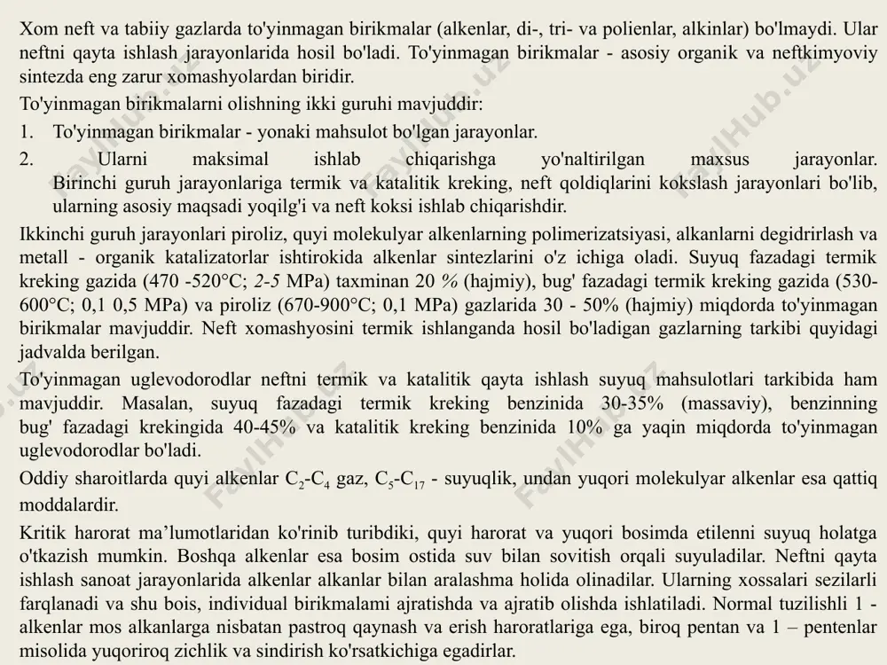 o’ladi. diyen uglevodorodlar molekulada qo‘shbog‘larning joylanishiga va ularning xususiyatlariga qarab uch gruppaga bo'linadi: 1. kumulativ qo‘shbog‘li yoki allen ch2=c= ch2 tipidagi diyen uglevodorodlar. bu diyen uglevodorodlarda qo‘shbog‘lar yonma-yon joylashgan. allen glitserindan quyidagi reaksiya bo‘yicha olinadi: 2. ajralgan qo‘shbog‘li diyen uglevodorodlar. bu uglevodorodlarda qo‘shbog‘lar ikkita yoki undan ortiq uglerod atomlari bilan ajralgan bo‘ladi. ular formulaga ega bo‘lib, n=2, 3, 4, 5, 6... ajralgan diyen uglevodorodlar p.p. shorigin usuli bo‘yicha olinadi: bu uglevodorodlardagi qo’shbog‘lar reaksiyaga alohida kirishadi. ana shu xususiyati bilan uglevodorodlardagi qo‘shbog’ etilen uglevodorodlardagi qo‘shbog‘ xususiyatlariga o'xshashdir. 3. konyugirlangan qo'shbog’li yoki 1,3- butadiyen ch2=ch—ch=ch2 tipidagi diyen uglevodorodlar. bu gruppa diyen uglevodorodlardagi qo‘shbog‘lar xususiyati alkenlardagi qo‘shbog‘lardan farq qiladi. ular xalq xo‘jaligida katta ahamiyatga ega. diyen uglevodorodlar molekulasida qo’shbog‘lar oddiy bog‘lar bilan navbatma-navbat joylashadi. bunday joylashish sistemasiga konyugirlangan qo'shbog'lar deyiladi. image1.png image2.png image3.png image4.png image5.png image6.png image7.png image8.png image9.png image10.png image11.png image12.png image13.png /docprops/thumbnail.jpeg