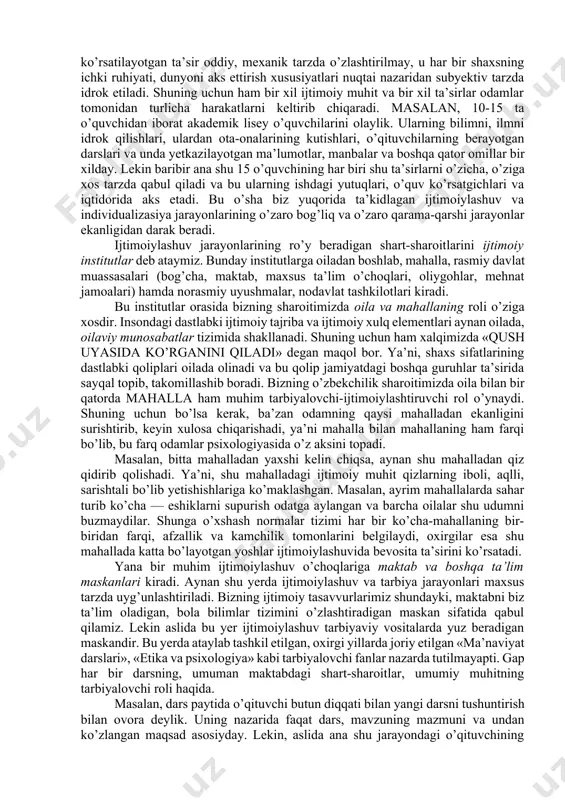 hi tomoni esa — inson faolligi — insonning jamiyatga o'zining faoliyati orqali ta’sir etishidir. bunda inson faolligi pozitsiyasi — ijtimoiy aloqalarga har qanday ta’sir ma’lum bir qaror qabul qilish va keyinchalik shu qarorni bajarish uchun ma’lum bir faoliyat strategiyasini ishlab chiqish orqali tushuntiriladi. ijtimoiylashuv jarayoni shu keltirilgan tushuntirishlar orqali shaxs shakllanish jarayoniga qarshi chiqmaydi, lekin, bu muammoga turli tomondan yondashishni talab qiladi. g.m.andreyevaning fikriga ko’ra, «yosh psixologiyasi uchun bu muammo «shaxs» mavzusiga taalluqli bo‘lsa, ijtimoiy psixologiya uchun «shaxsning jamiyatga ta'siri» tomondan qiziqroq hisoblanadi». 2. o’spirinlik davrida shaxs ijtimoiylashuvi shaxs, uning dunyoni bilishi, o’zini va atrofidagi insoniy munosabatlarni bilishi, tushunishi va o’zaro munosabatlar jarayonida o’zidagi takrorlanmas individuallilikni namoyon qilishi hamda ushbu jarayonlarning yoshga va jinsga bog’liq ayrim jihatlarini tahlil qilish bizga umumiy ravishda shaxs-jamiyatda yashaydigan ijtimoiy mavjudotdir, degan xulosani qaytarishga imkon beradi. ya’ni, u tug’ilgan onidan boshlab o’ziga o’xshash insonlar qurshovida bo’ladi va uning butun ruhiy potensiali ana shu ijtimoiy muhitda …