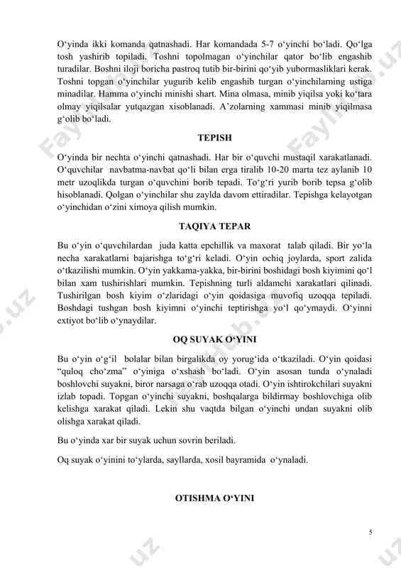 kki komandaga bo‘linadilar. o‘yin uchun 15-16 metr oraliqda parallel chiziq chiziladi. chiziqlarning uzunligi o‘quvchilar soniga qarab uzun yoki qisqa bo‘lishi mumkin. o‘yinda boshlovchi komanda aniqlanib, qarshi tomonda turgan komanda o‘yinchilariga shunday koptokni otishlari kerakki, ular kelayotgan koptokni ilib olishlari kerak yoki zarbidan saqlanishi lozim. koptok tekkan o‘yinchi safdan chiqib ketadi. koptokni ilmoqchi bo‘lgan o‘yinchi 1-2 qadam oldinga chiqib koptokni ilishi mumkin. koptokni otayotgan o‘yinchi mo‘ljalga urish vaqtida chiziqdan otishi shart. qaysi komandada o‘yinchilar oz qolsa yutqazgan hisoblanadi. komandalar navbatma-navbat otishadi. chaqqonlar va merganlar bu o‘yin sport o‘yinlari maydonidan foydalaniladi. o‘yinchilar ikki komandaga bo‘linib 16 metr oralig‘ida bir-biriga qarab turishadi. o‘rtaga 2 qadam kengligida aylana chiziladi. har komandada bittadan eng chaqqon o‘quvchilar tanlanib aylana ichiga turiladi. ikki tomondagi o‘quvchilar to‘p bilan aylana ichidagi o‘yinchilarni uradilar. to‘pga tekkan o‘yinchi o‘sha o‘yinchining o‘rniga kirib o‘yin davom ettiriladi. umuman ikkovi o‘rin almashadi. merganlar va chaqqonlar taqdirlanadi. oraliq masofa o‘qituvchi tomonidan o‘zgartirilishi mumkin. chirgizak bu …