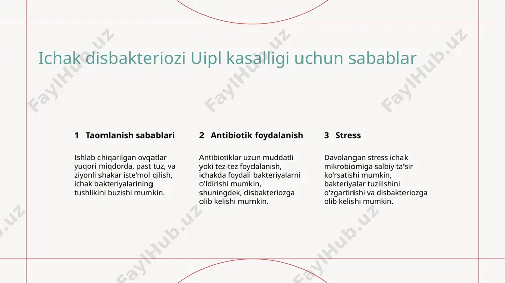 n moddalar. prebiotiklar, ichak mikrobiotasidagi tana toʻgʻri holatini tiklashga yordam beradi, sogʻlikni yaxshilaydigan yuqori qon qarshilik va yuqori tizimini kuchaytiradi. prebiotiklar bilan boy turgan oziq-ovqatlar ichiga sarimsoqol, sogan, bananlar va butun bugʻdoylar kabi oziq-ovqatlarni ichak sogʻligini qoʻllab-quvvatlash uchun qoʻllash mumkin. intestinal disbakteriozni boshqarish uchun hayot usullarini o'zgartirish 1 2 3 taom o'zgartirishlari stressni boshqarish texnikalari regular jismiy faoliyat gut sog'ligini qo'llab-quvvatlash va mikrobiomni barqaror tutish uchun mevalar, sabzavotlar va bug'doy mahsullari kabi ko'p qaynoqli ovqatlarni qo'shing. stress darajasini pastga olib, qorin mikroblari tuzilishiga salbiy ta'sir ko'rsatishi mumkin bo'lgan mindfulness, meditatsiya yoki yogani amalga oshiring. umumiy sog'liqni oshirish va hazmni yaxshilash uchun doimiy mashg'ulot qilish, shuni aytib o'tish mumkinki, sog'liqni saqlab qolish uchun foydali bo'lgan qorin mikrobiomini yaxshilashga yordam beradi. ichak disbakteriozi uchun o'tiladigan o'tiladigan dori vositalari 1 2 3 dori vositalaridan foydalanganing afzalliklari ichak disbakteriozi uchun umumiy dori vositalari dori vositalaridan foydalanishda e'tibor beriladigan nuqtalar nane, zanjabil va zereshk dori …