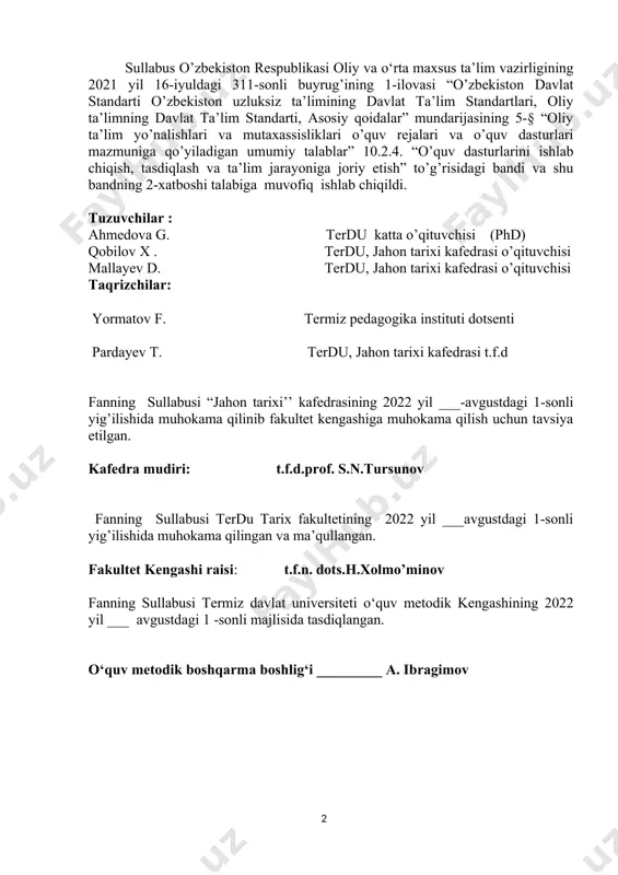 tet kengashiga muhokama qilish uchun tavsiya etilgan. kafedra mudiri: t.f.d.prof. s.n.tursunov fanning sullabusi terdu tarix fakultetining 2022 yil ___avgustdagi 1-sonli yig’ilishida muhokama qilingan va ma’qullangan. fakultet kengashi raisi: t.f.n. dots.h.xolmo’minov fanning sullabusi termiz davlat universiteti o‘quv metodik kengashining 2022 yil ___ avgustdagi 1 -sonli majlisida tasdiqlangan. o‘quv metodik boshqarma boshlig‘i _________ a. ibragimov fan/modul kodi mtfb106 o’quv yili 2022-2023 semestr 5 ects - kreditlar 4 fan/modul turi tanlov ta’lim tili o’zbek haftadagi dars soatlari 4 1. fanning nomi auditoriya mashg’ulotlari (soat) mustaqil ta’lim (soat) jami yuklama (soat) surxondaryo etnografiyasi 60 60 120 i. fan tavsifi surxondaryo etnografiyasi fanida 15 ta mavzu bo’lib, 30 soat ma’ruza, 30 soat seminar mashg’uloti va 60 soat mustaqil ta’lim va mustaqil ish rejalashtirilgan. surxondaryo etnografiyasi 1 ta modul, ya’ni surxondaryo etnografiyasi o‘rganish tarixi iborat bo’lib, har bir mavzu modul talablari asosida ma’ruza, seminar va mustaqil ta’lim hajmi va mazmuni, tegishli ballar topshirish muddatlari shuningdek, baholash …