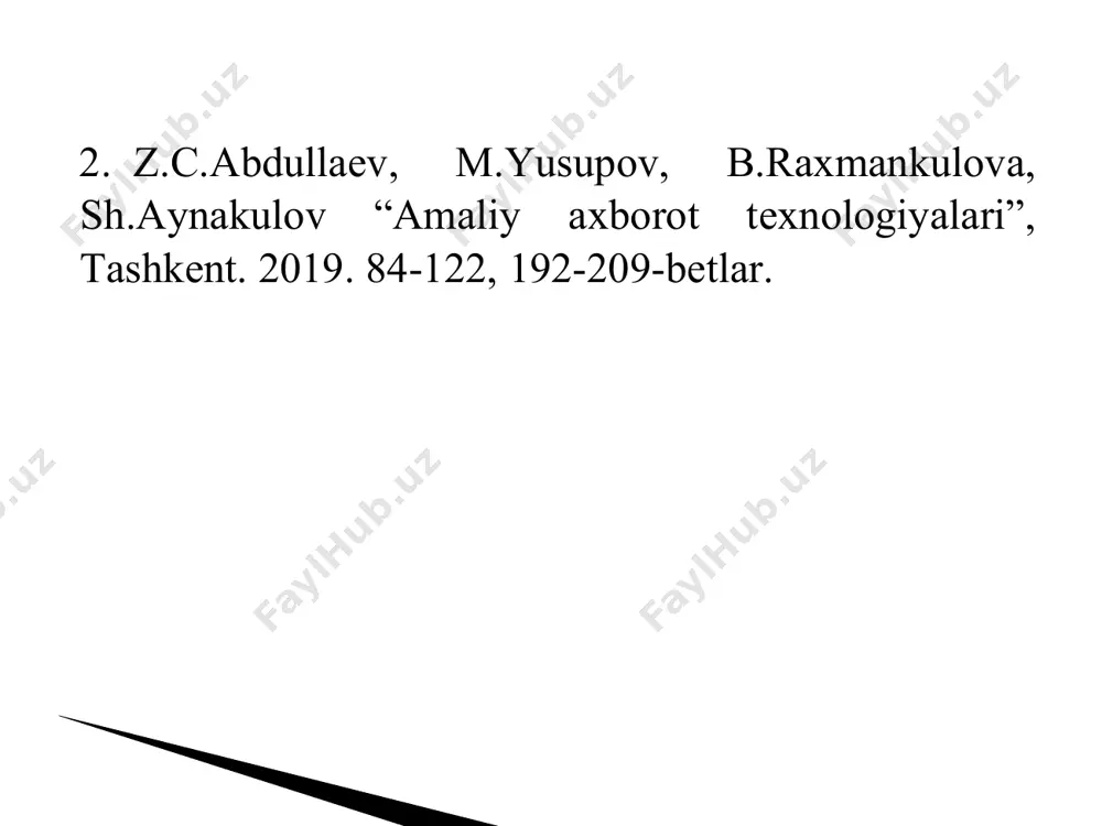 grammalar, grafiklar, fil’m va ovoz yozuvlaridan, boshqa amaliy dasturlarda hosil qilingan ob’ektlardan foydalaniladi. bu dasturda hosil qilingan hujjat prezentatsiya(taqdimot) deb ataladi, va u .ppt kengaytmasiga ega bo’ladi. ▪yangi prizentatsiya hosil qilish; ▪xotiradagi tayyor prizentatsiyani ochish; ▪prizentatsiyani xotirada saqlash; ▪prizentatsiya nomini o’zgartirish; ▪prizentatsiyani chop etish; ▪faol prizentatsiyani ekrandan olib tashlash; ▪powerpoint dasturi parametrlarini sozlash; ▪powerpoint dasturidan chiqish кнопка « office » yoki fayl menyusi · buferdagi ob’ektni kerakli joyga qo’yish; · yangi slayd hosil qilish; · slayd uchun maketlar tanlash; · slaydni olib tashlash; · shrift tiplarini va o’lchamlarini o’rnatish; • matn joylashishini har xil tekislash va yo’nalishini aniqlash; · kerakli so’z va jumlalarni topish; · belgilarni boshqasiga almashtirish. · jadval, rasm, klip, har xil figura va diagrammalar qo’yish; · fotoal’bom yaratish; · izohlar yozish, wordart ob’ektlarni qo’yish; · slaydga tartib nomerlar qo’yish; • slaydga fil’mli va ovozli fayllarni qo’yish. • sahifa parametrlarini tanlash ; • slayd yo’nalishini ( книжная, альбомная) …