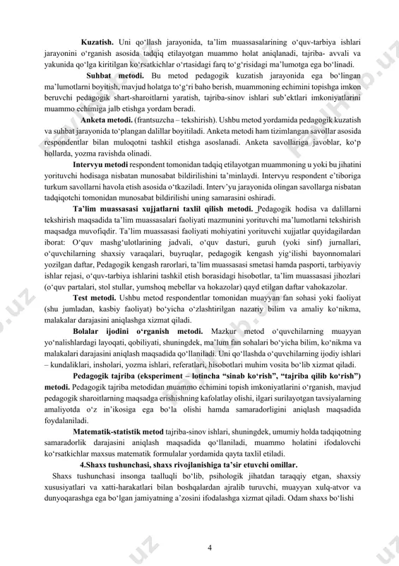 ga oshirish shakl, metod, vositalarini o‘rganadi. 2. maktabgacha ta’lim pedagogikasi – maktabgacha ta’lim yoshidagi bolalarni tarbiyalash, ularni intellektual, ma’naviy-axloqiy va jismoniy jihatdan kamolotga etkazish masalalarinio‘rganadi. 3. korreksion (maxsus) pedagogika – rivojlanishida turli psihologik va fiziologik nuqsonlari bo‘lgan bolalarni tarbiyalash va o‘qitish bilan bog‘liq muammolarnio‘rganadi. o‘z navbatida korrektsion pedagogika uch qismnga bo‘linadi: surdopedagogika, oligofrenopedagogika, tiflopedagogika. 4. metodika – xususiy fanlarni o‘qitish xususiyatlarinio‘rganadi. 5. pedagogika tarixi – ta’lim va tarbiyaning yuzaga kelishi, taraqqiy etishi, muayyan tarixiy davrlarda etakchi o‘rin egallagan pedagogik fikrlar taraqqiyoti masalalarinio‘rganadi. 6. pedagogik texnologiya – ta’lim va tarbiya jarayonida zamonaviy pedagogik texnologiyalarni qo‘llash, texnologik yondashuv asosida ta’lim va tarbiya jarayonining samaradorligini oshirish muammolarini o‘rganadi. 7. pedagogik mahorat – bo‘lajak o‘qituvchilarning kasbiy mahoratlarini oshirish, takomillashtirish muammolarini o‘rganadi. 8. ijtimoiy pedagogika – ijtimoiy munosabatlar jarayonida pedagogik g‘oyalarning tutgan o‘rni va roli, shaxsni kasbiy va ijtimoiy faoliyatga yo‘naltirish muammolarinio‘rganadi. 3.pedagogik ilmiy-tadqiqot metodlari. pedagogika fani rivoji muayyan pedagogik muammolarni tadqiq etish maqsadida olib …