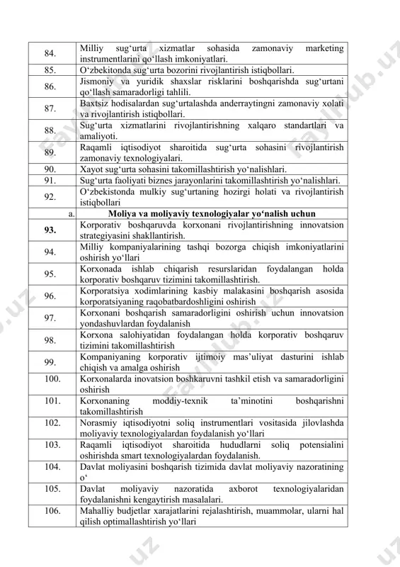 illashtirish yo'llari 76. tijorat banklarida naqd pulsiz hisob-kitoblar tizimini takomillashtirish 77. kartali tulov tizimlari samaradordigini oshirish yullari 78. foizlar o’zgarishining bank kredit portfeliga ta’siri 79. bank tizimida korrupsiyaga karshi kurashishdagi muammolarni yechish yo’llari 80. bank tizimi transformatsiyasi jarayoni va uning banklar barqarorligiga ta’siri a. sugʻurta yoʻnalish uchun 81. milliy sug‘urta bozorining rivojlanish istiqbollari. 82. sug‘urta kompaniyalarini boshqarish samaradorligini oshirish yo‘llari. 83. sug‘urta xizmatlari sohasini raqamlashtirishning istiqbollari 84. milliy sug‘urta xizmatlar sohasida zamonaviy marketing instrumentlarini qo‘llash imkoniyatlari. 85. o‘zbekitonda sug‘urta bozorini rivojlantirish istiqbollari. 86. jismoniy va yuridik shaxslar risklarini boshqarishda sug‘urtani qo‘llash samaradorligi tahlili. 87. baxtsiz hodisalardan sug‘urtalashda anderraytingni zamonaviy xolati va rivojlantirish istiqbollari. 88. sug‘urta xizmatlarini rivojlantirishning xalqaro standartlari va amaliyoti. 89. raqamli iqtisodiyot sharoitida sug‘urta sohasini rivojlantirish zamonaviy texnologiyalari. 90. xayot sug‘urta sohasini takomillashtirish yo‘nalishlari. 91. sug‘urta faoliyati biznes jarayonlarini takomillashtirish yo‘nalishlari. 92. o‘zbekistonda mulkiy sug‘urtaning hozirgi holati va rivojlantirish istiqbollari a. moliya va moliyaviy texnologiyalar yoʻnalish uchun 93. …
