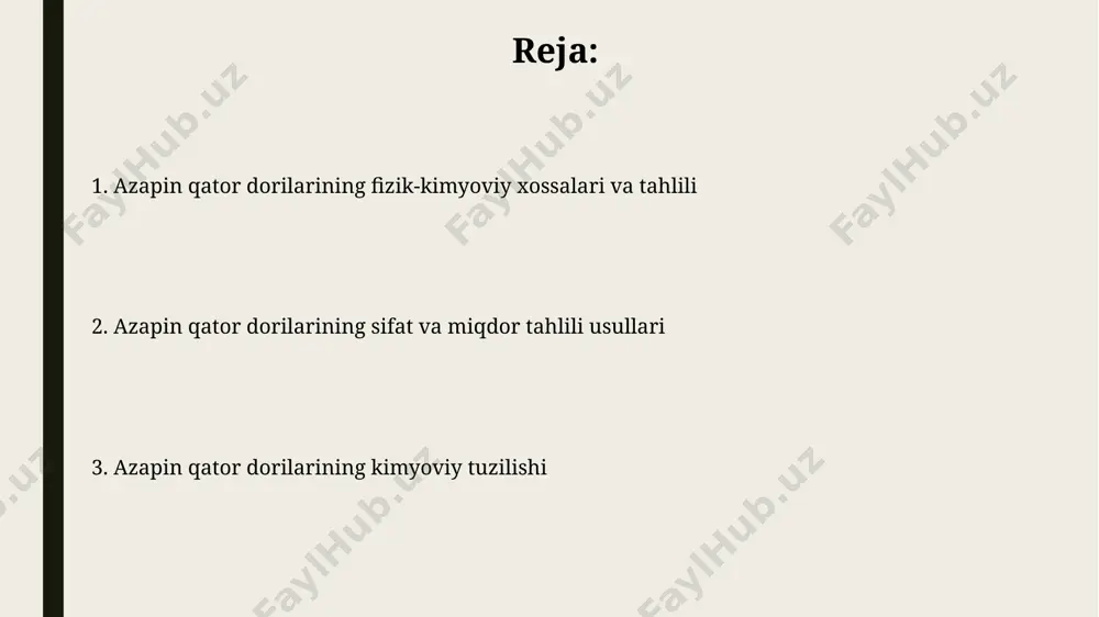 lishini aniqlashda muhim ahamiyatga ega boʻlib, komponentlarni massasiga koʻra ajratish va aniqlash imkonini beradi. azapin qator dorilarining farmakologik xususiyatlari azapine qatoriga kiruvchi baʼzi dorilar, masalan, klottiapin, psixotik kasalliklarni davolashda 5-ht2a retseptorlari blokadasi orqali samarali boʻladi va bir qator yon taʼsirlarga, jumladan, sedatsiyaga olib kelishi mumkin. ayrim azapine dorilarining yarim chiqish davri 10-20 soatni tashkil qiladi, bu esa ularning kuniga bir yoki ikki marta qabul qilinishiga imkon beradi va davolashning qulayligini oshiradi. elektrokimyoviy usullar elektrokimyoviy usullar yordamida azapin dorilarini farmatsevtik preparatlarda 95% dan yuqori aniqlikda va 0.5% dan kam xatolik bilan miqdoriy aniqlash mumkin. azapin qator dorilarini elektrokimyoviy tahlil qilishda potensialometriya usuli yordamida 10-3 dan 10-6 m gacha bo'lgan konsentrasiyalarda aniq natijalar olish mumkin. azapin dorilarining miqdorini aniqlash spektrofotometrik usul yordamida azapindorilarni aniqlashda 260-280 nm to'lqin uzunliklarida maksimal yutilish kuzatiladi, bu miqdorni hisoblashga imkon beradi. azapindorilarning miqdorini aniqlashda 5 dan 10 gacha standart namunalarni ishlatib, chiziqli regressiya usuli orqali kalibrlash egri …