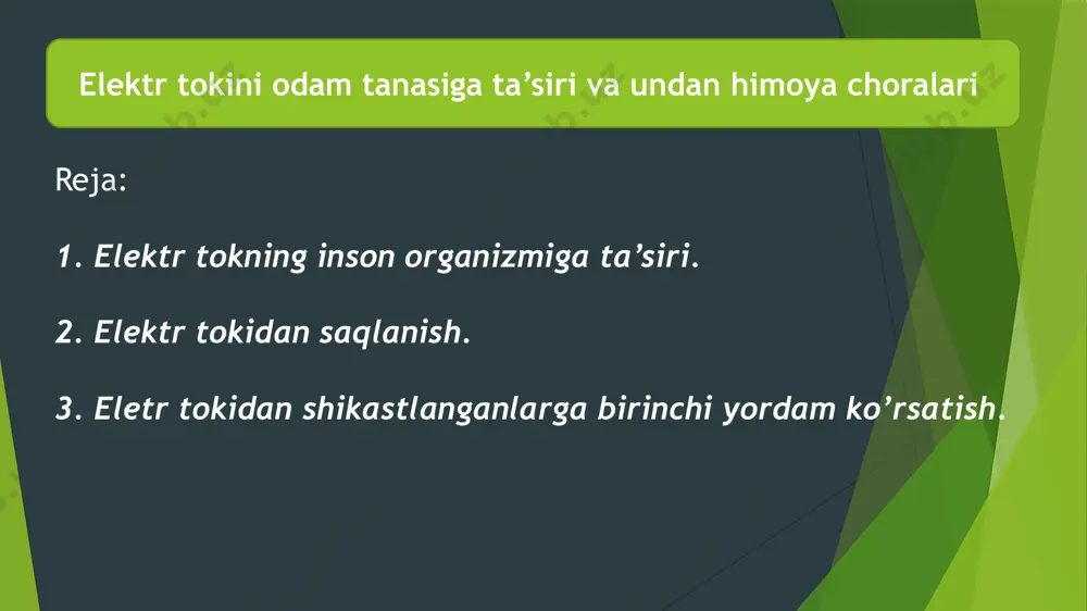 nafas olish va qon aylanish organlarining ishi buzilishi yoki xatto batamom to’xtab qolishi mumkin. elektr toki ta’sirining bu turlari shikastlanishning ikki turini keltirib chiqaradi: elektr toki shikastlanishi va elektr toki urishi. elektr toki shikastlanishi - bu, elektr toki yoyi ta’sir etishi natijasida organizmining ayrim joylaridagi to’qimalarning yaqqol shikastlanishidir. elektr toki shikastlanishning quyidagi turlari bilan farqlanadi: elektr tokidan kuyish, elektr izlari, terining metallanishi va mexanik shikastlanishlar. odam organizmiga elektr tokining ta’siri qanday oqibatlarga olib kelishiga qarab, elektr toki urishi shartli ravishda quyidagi to’rt darajaga ajratish mumkin: i daraja - odamning mushaklari tortishib qoladi, ammo u xushidan ketmaydi; ii daraja - odamning mushaklari tortishib qoladi, u xushidan ketadi, lekin u nafas oladi va yuragi ishlaydi; iii daraja - odamning mushaklari tortishib, yuragining ishlashi yoki nafas olishi buziladi (yoki ikkalasi baravar ro’y beradi); iv daraja - klinik o’lim yuz beradi, ya’ni nafas olish va qon aylanishi to’xtaydi. klinik (o’tkinchi) o’lim xayot bilan o’lim …